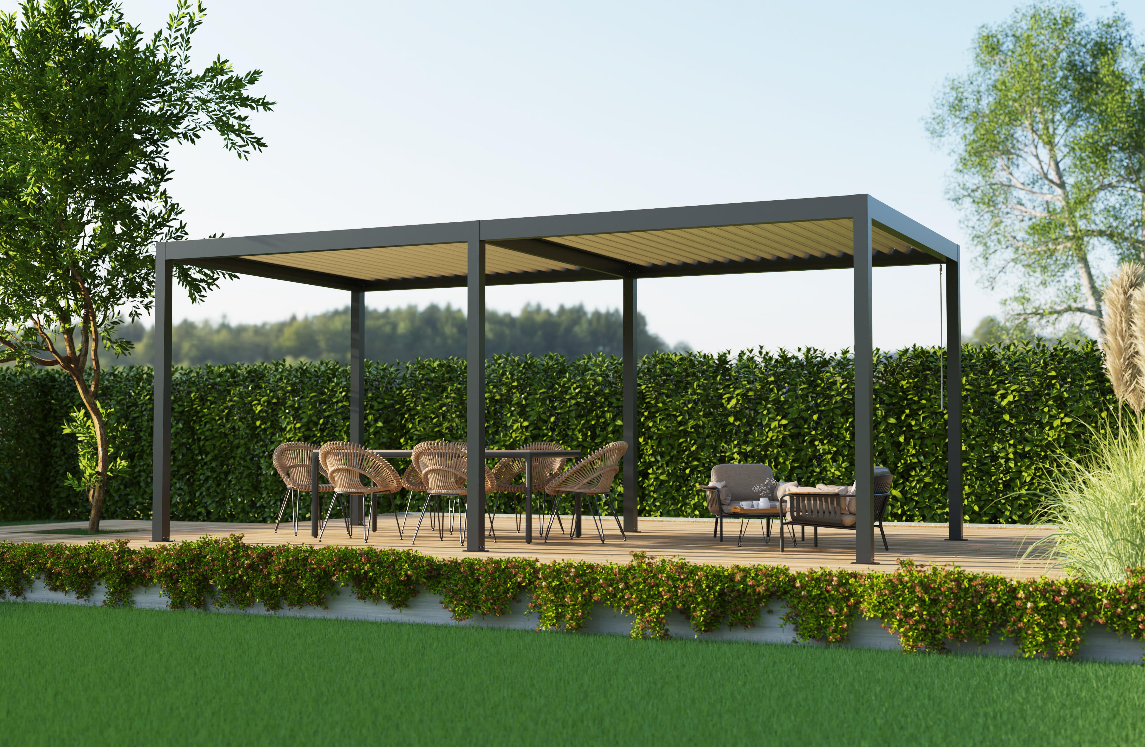 pergola bioclimatica de aluminio tieral caleta gris y lama blanca de 606 x 308 x 257 cm manual