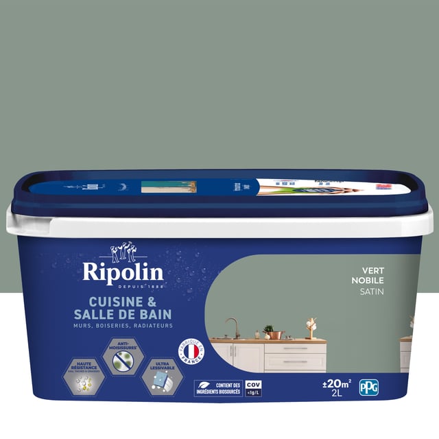 Peinture mur vert nobile satin RIPOLIN Cuisine et bain 2L