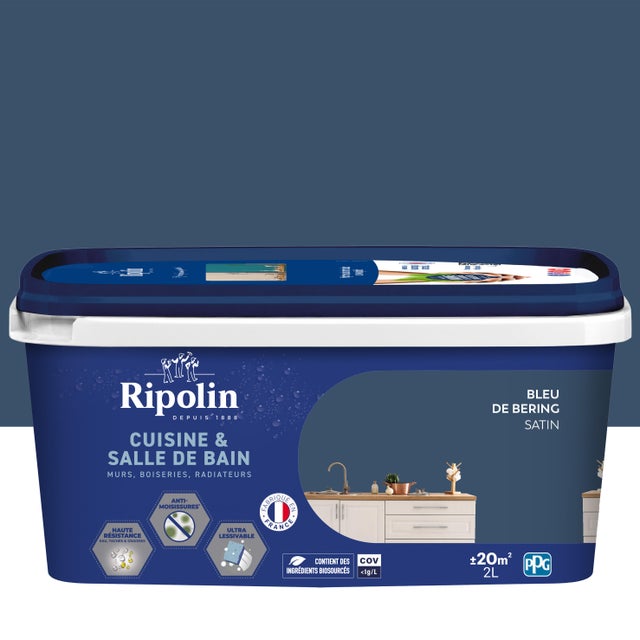 Peinture intérieure multi-supports acrylique satin bleu de bering 2 L Cuisine & bain - RIPOLIN