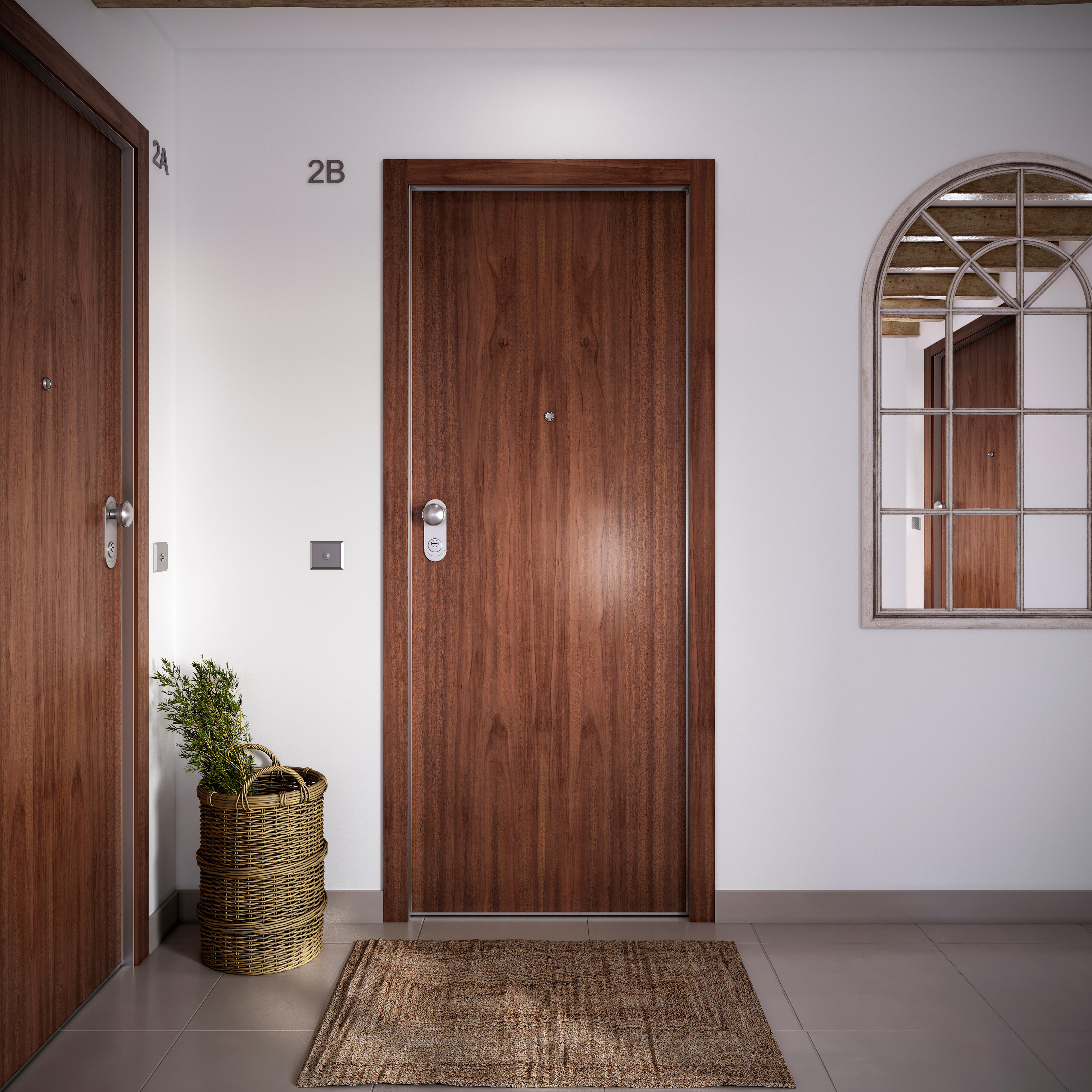 Puerta de entrada acorazada serie Omega liso sapelly / interior liso blanco apertura derecha 204x84cm - 6