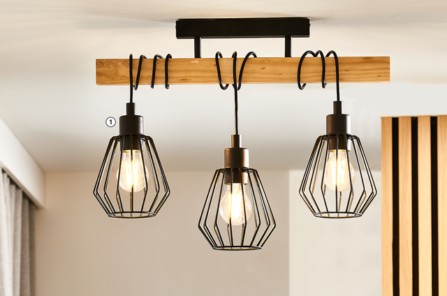 Lampa sufitowa Tabodi czarna z drewnem 3 x E27 Inspire