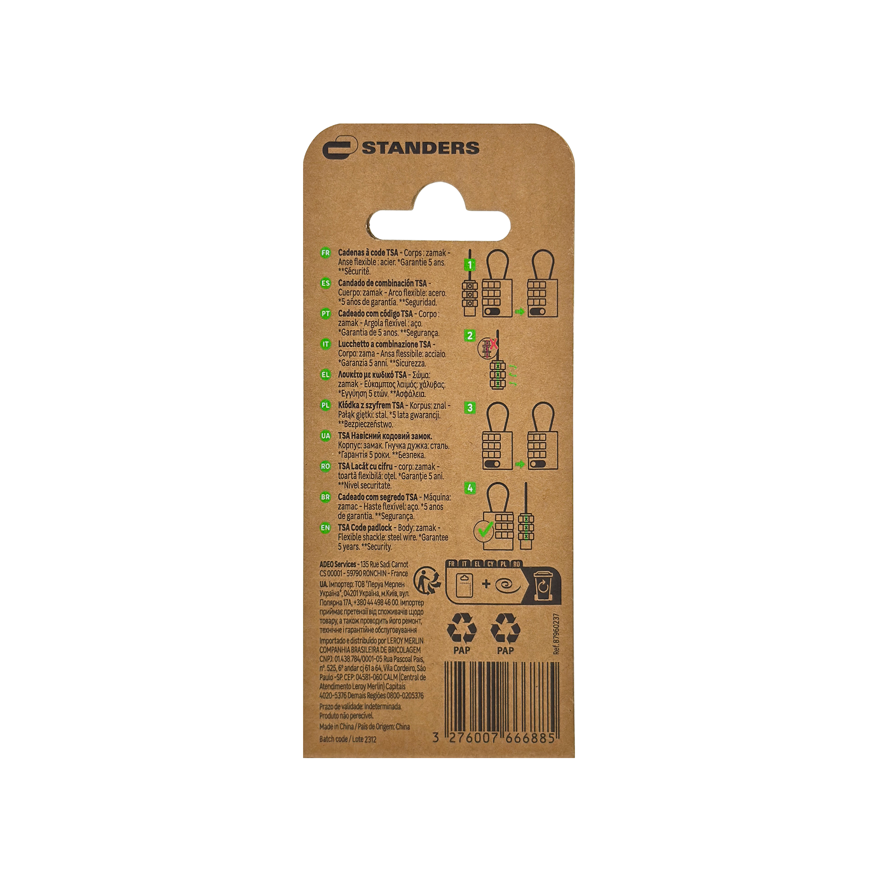 Cadeado de viagem com combinação 43x30 mm 3 mm Standers - 5