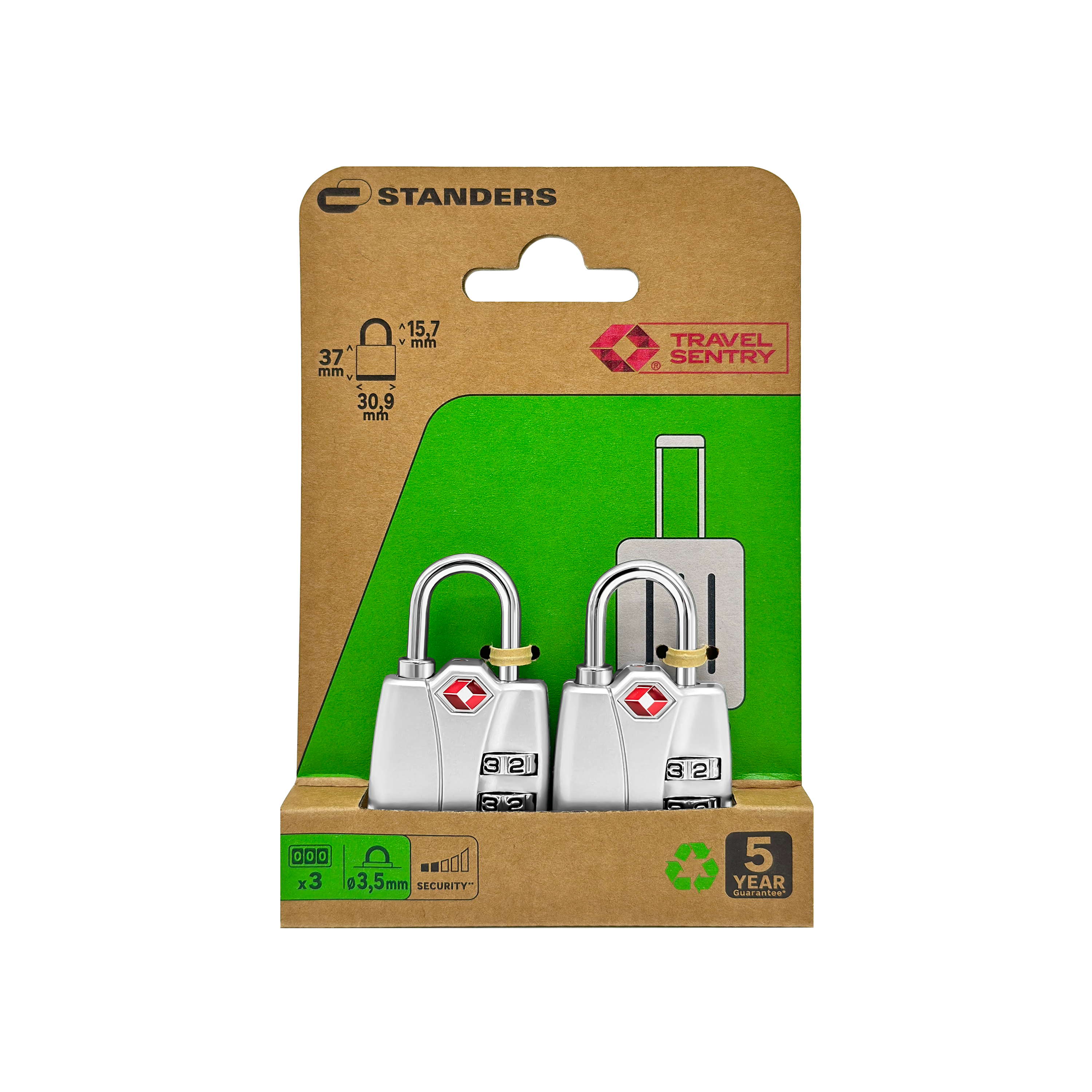 Pack de 2 candado con combinación STANDERS, cuerpo de zamak, TSA - 7