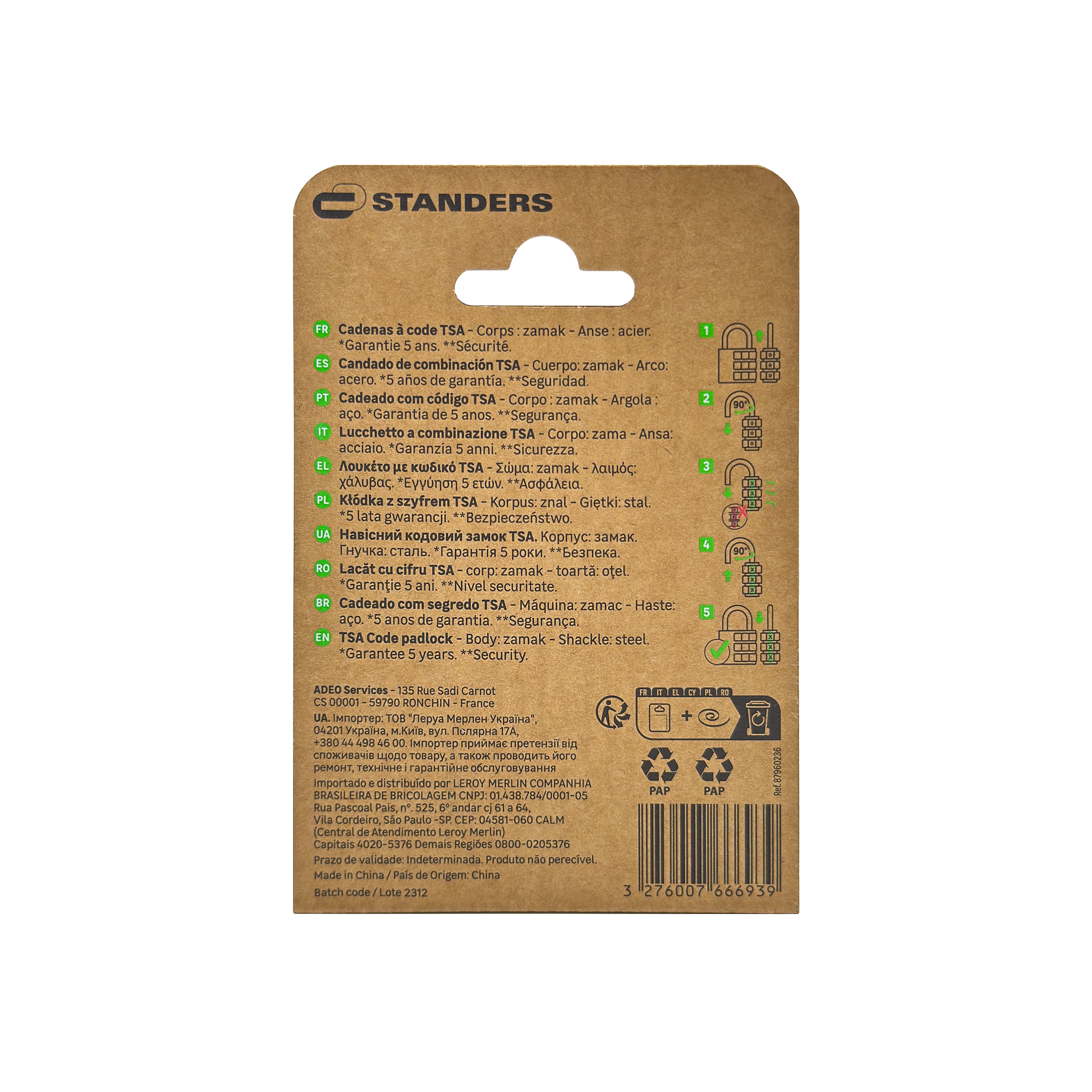 Pack de 2 candado con combinación STANDERS, cuerpo de zamak, TSA - 6