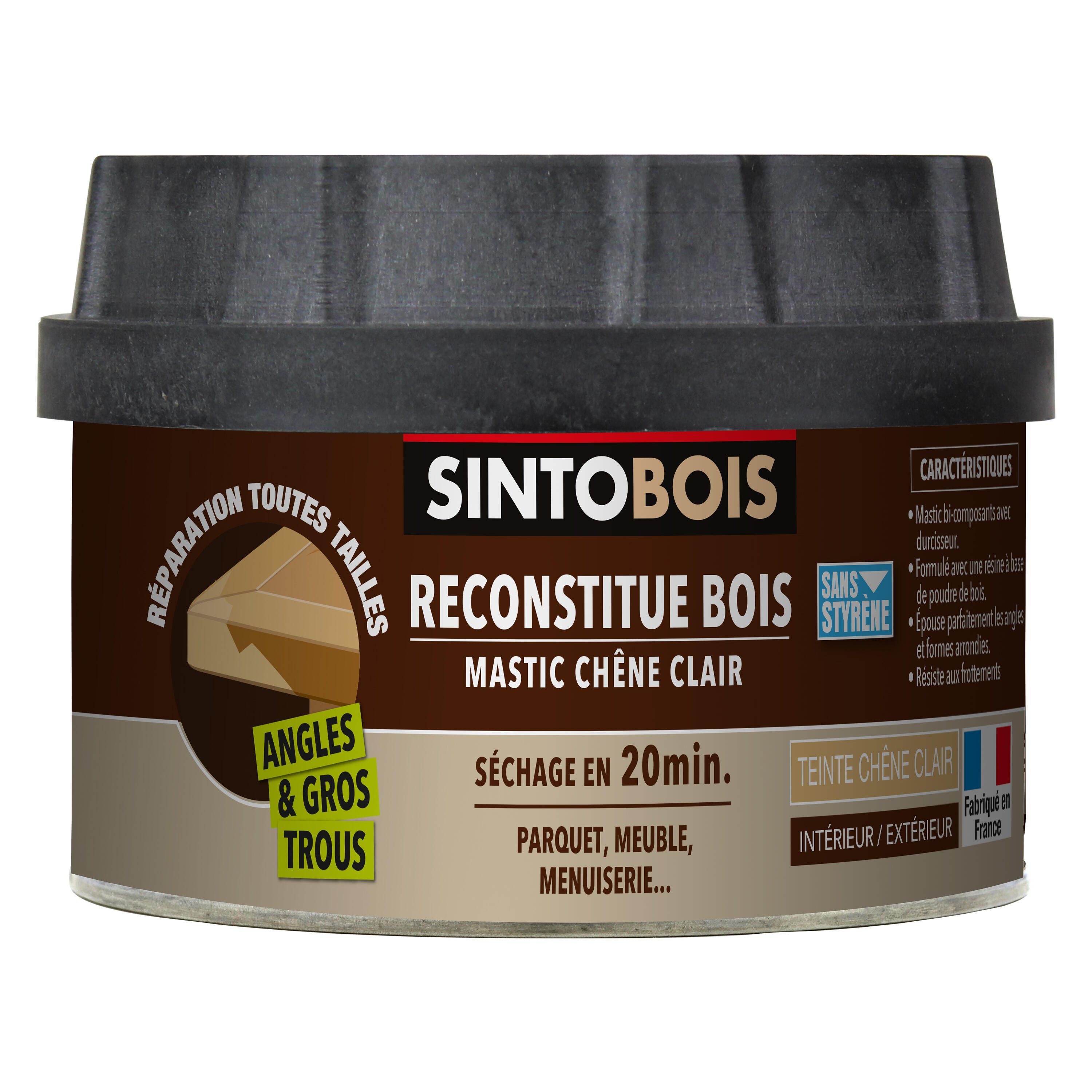 Sinto Rebouche Bois Clair 500g + 15 Feuilles Papier De Verre Mix - Réparation Gros Trous Fissures Meubles
