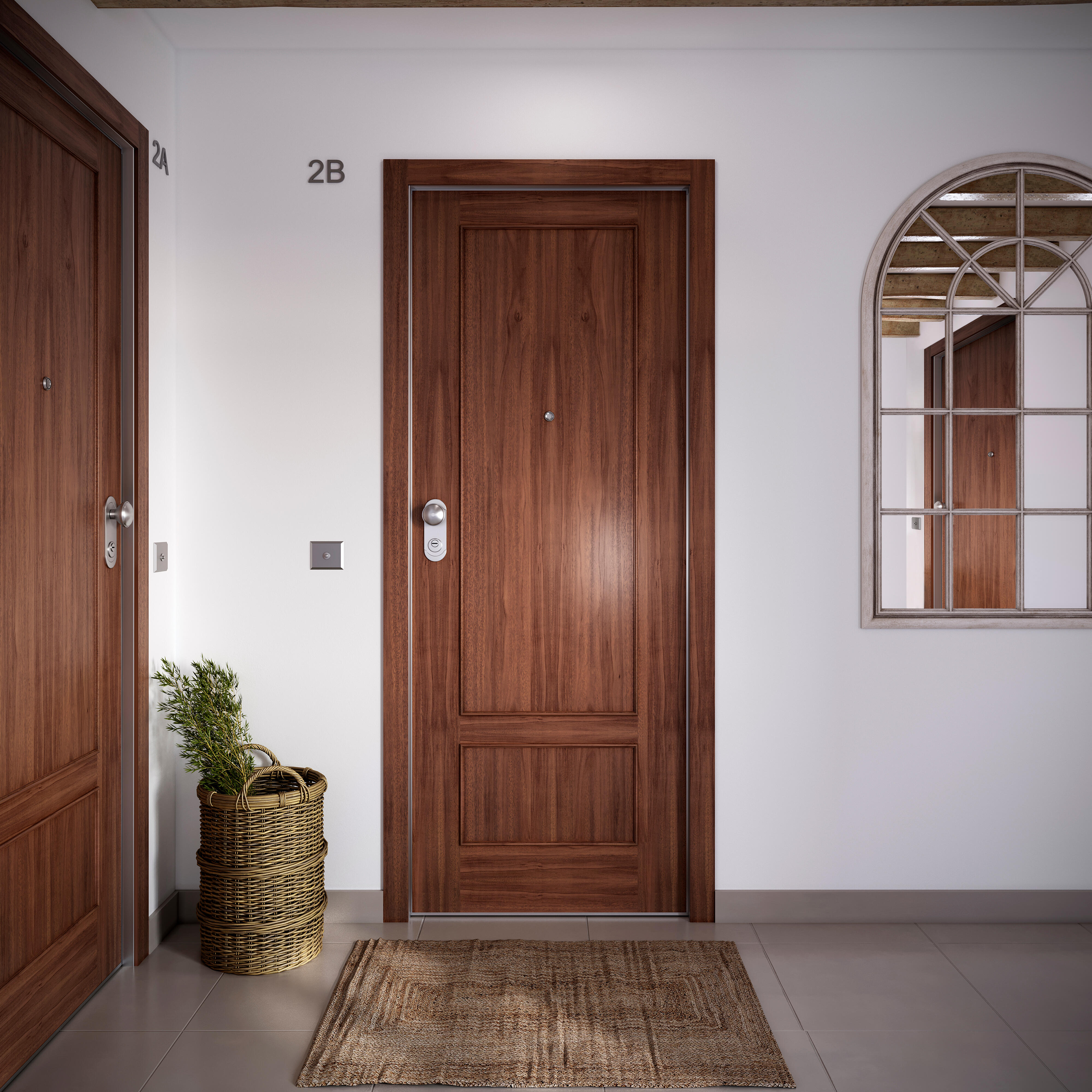 Puerta de entrada acorazada serie Omega dos cuadros sapelly / interior liso blanco apertura izquierda 204x84cm - 12