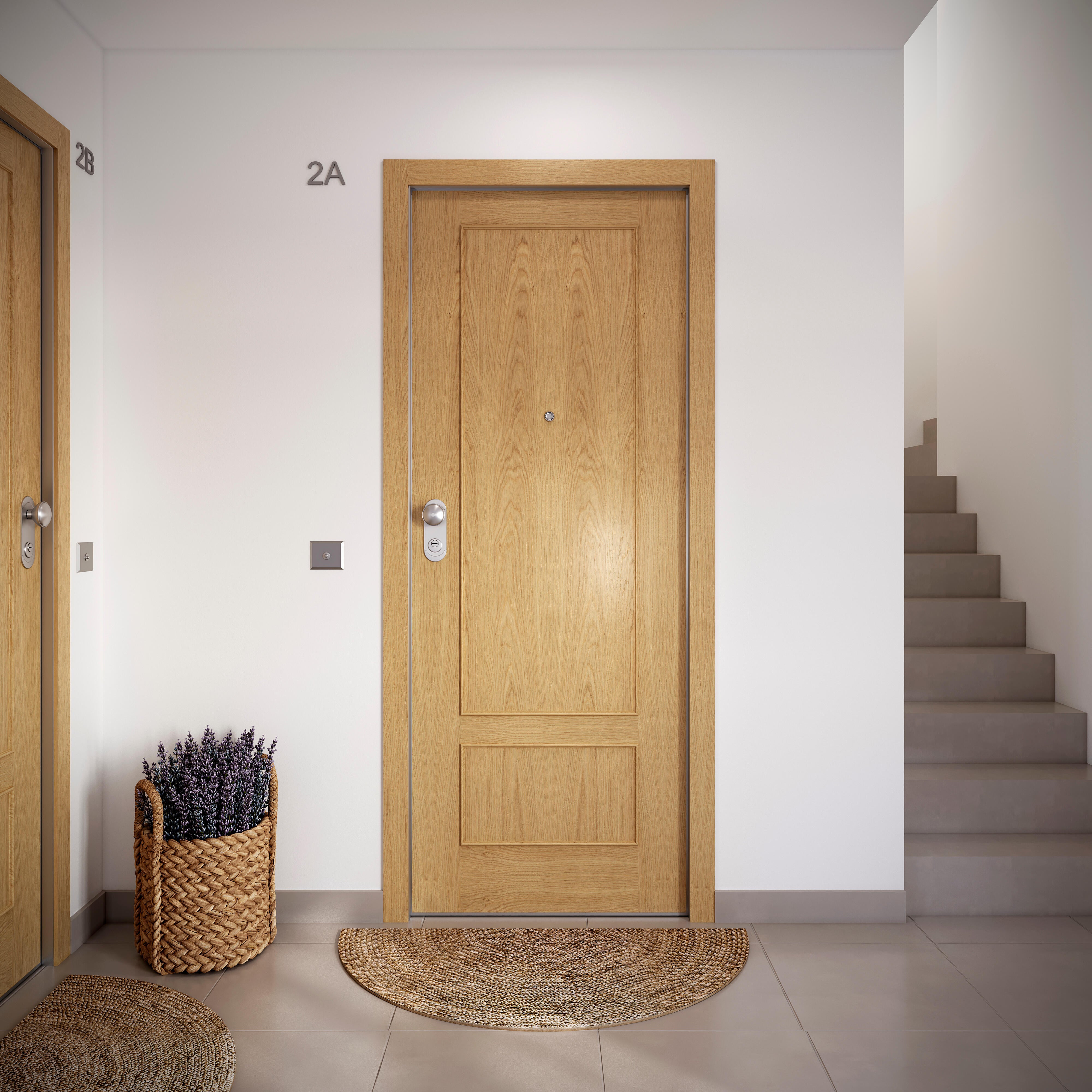 Puerta de entrada acorazada serie Omega dos cuadros roble / interior Lucerna fresada blanco apertura izquierda 204x84cm - 12