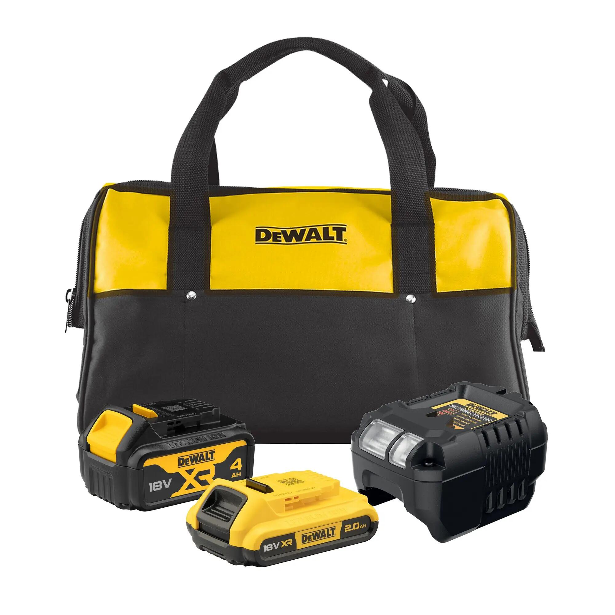 Kit dewalt : bateria 2ah, bateria 4ah, cargador y bolsa transporte.