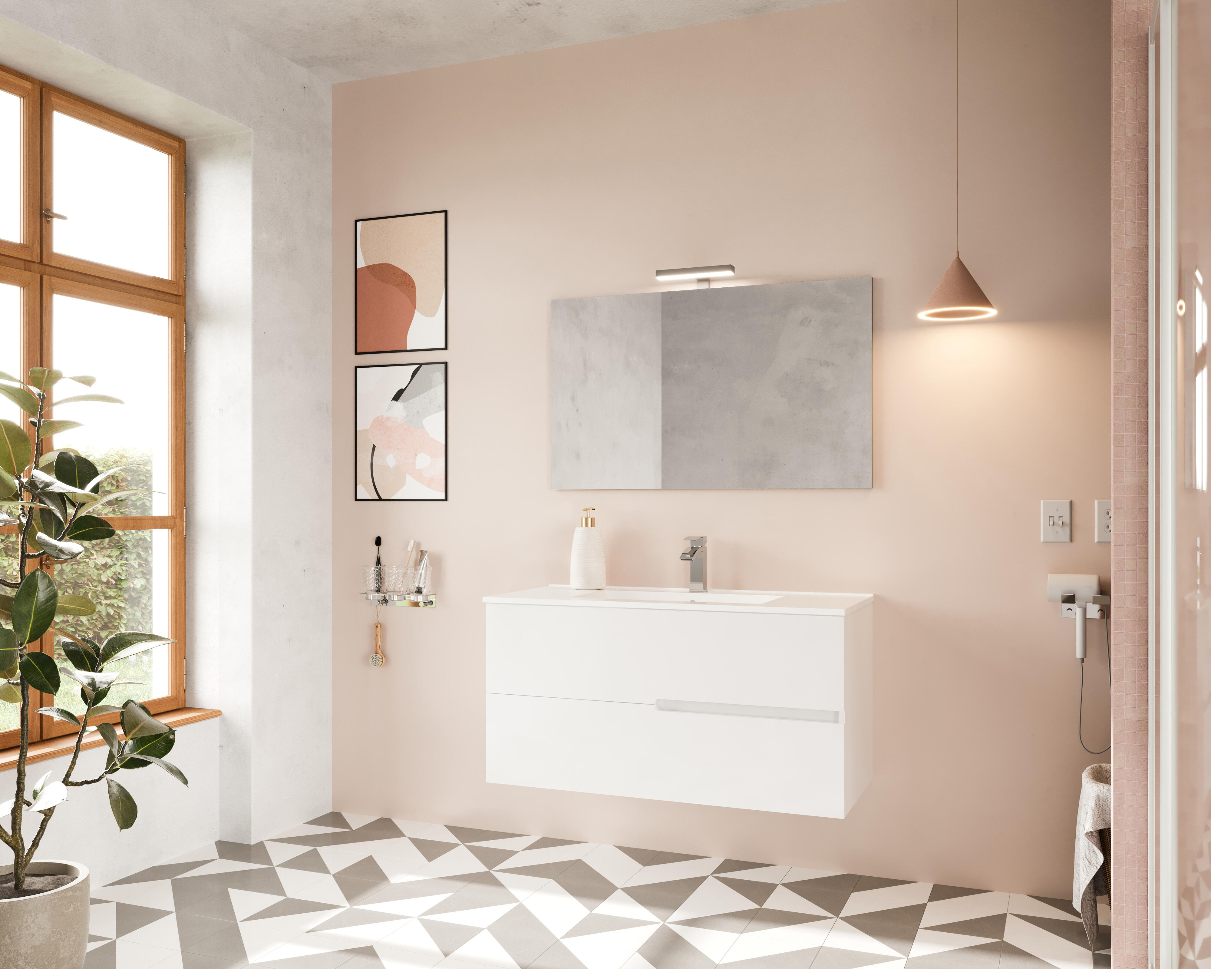 Mobile bagno sospeso con lavabo e illuminazione L 100 x H 51 x P 46 cm bianco in mdf 2 cassetti per vasca centrale Eva - 2