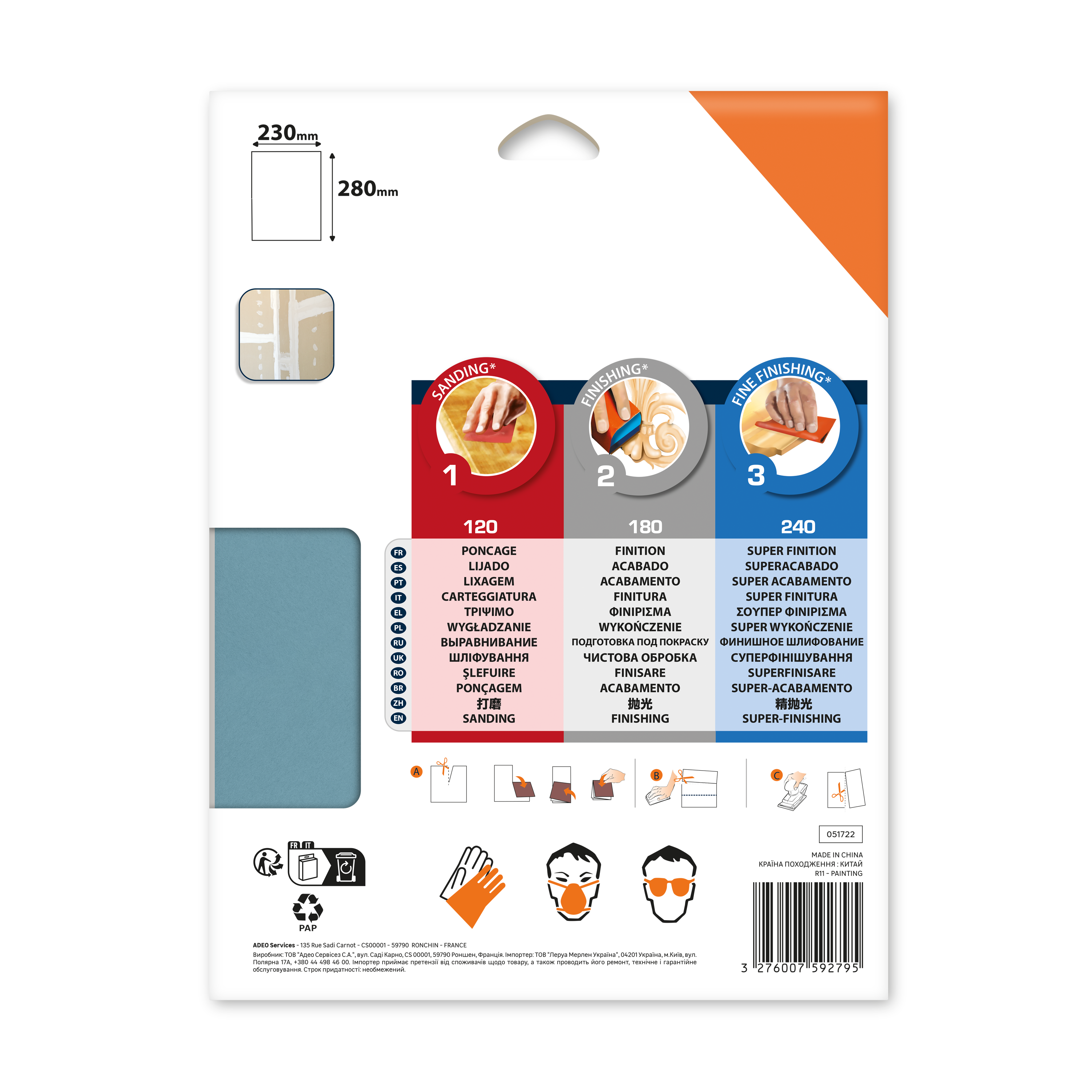 Lot de 10 papiers abrasifs DEXTER grains 3 x 120 / 3 x 180 / 4 x 240 - 2