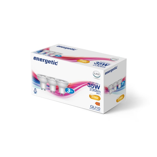 Lot de 3 ampoules led, réflecteur GU10, 230lm = 35W, blanc chaud, ENERGETIC