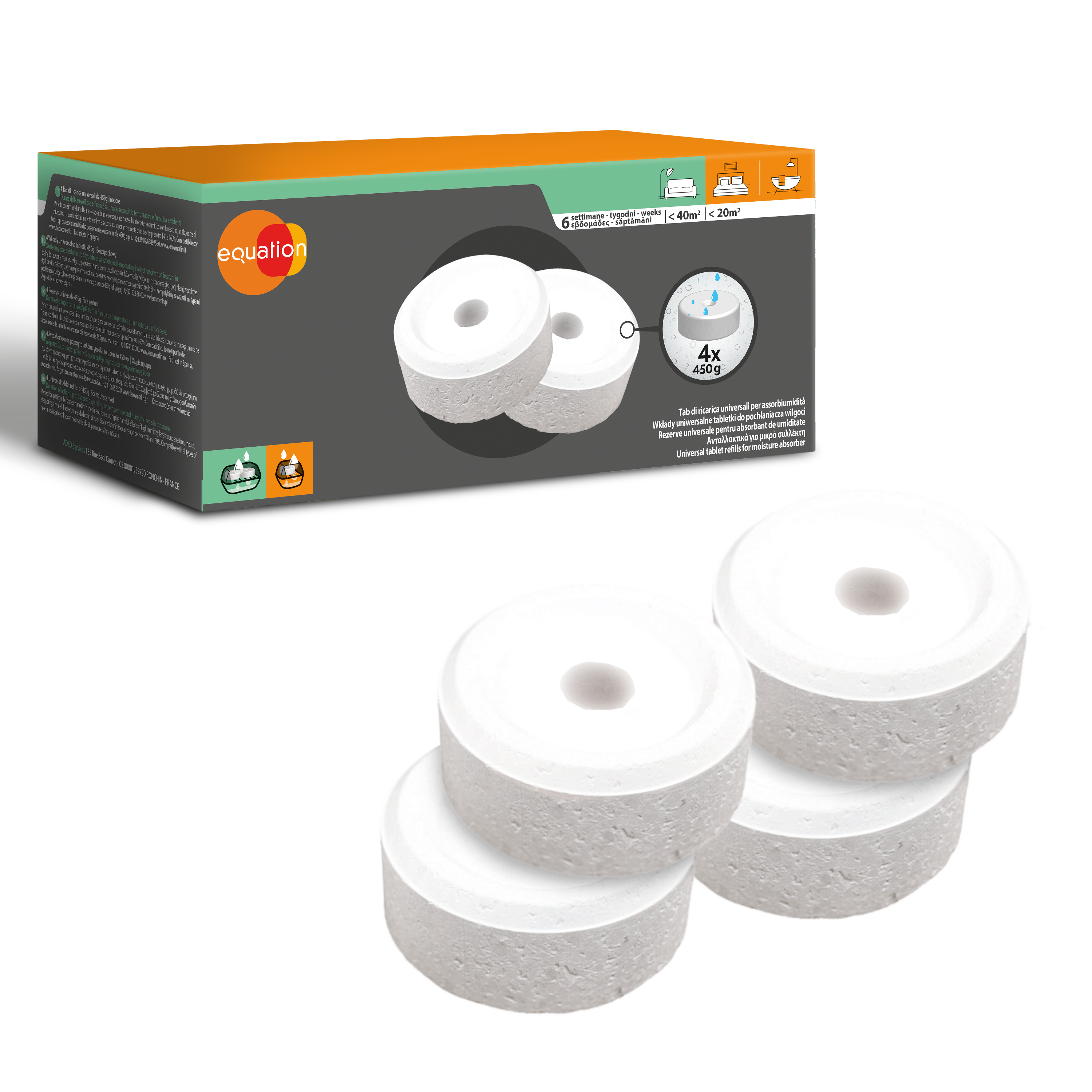Set 4 tab ricarica sali assorbiumidità inodore 450g x 4, 20 mq EQUATION - 4