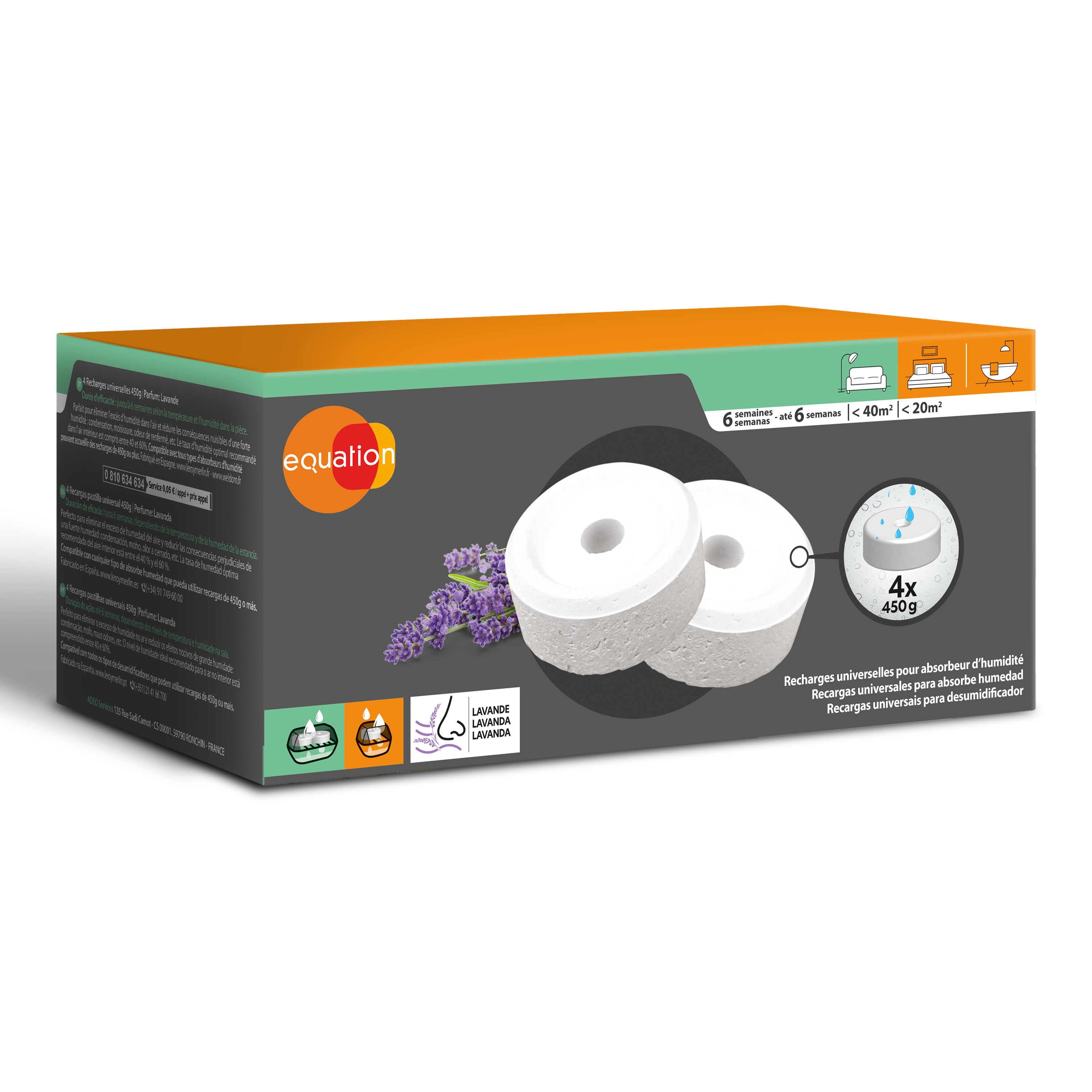 Recambio de absorbe humedad  EQUATION 450 gr para uso en estancia hasta 20m2. Perfume Lavanda. 1 recarga en pastilla. Vida útil 6 semanas. - 6