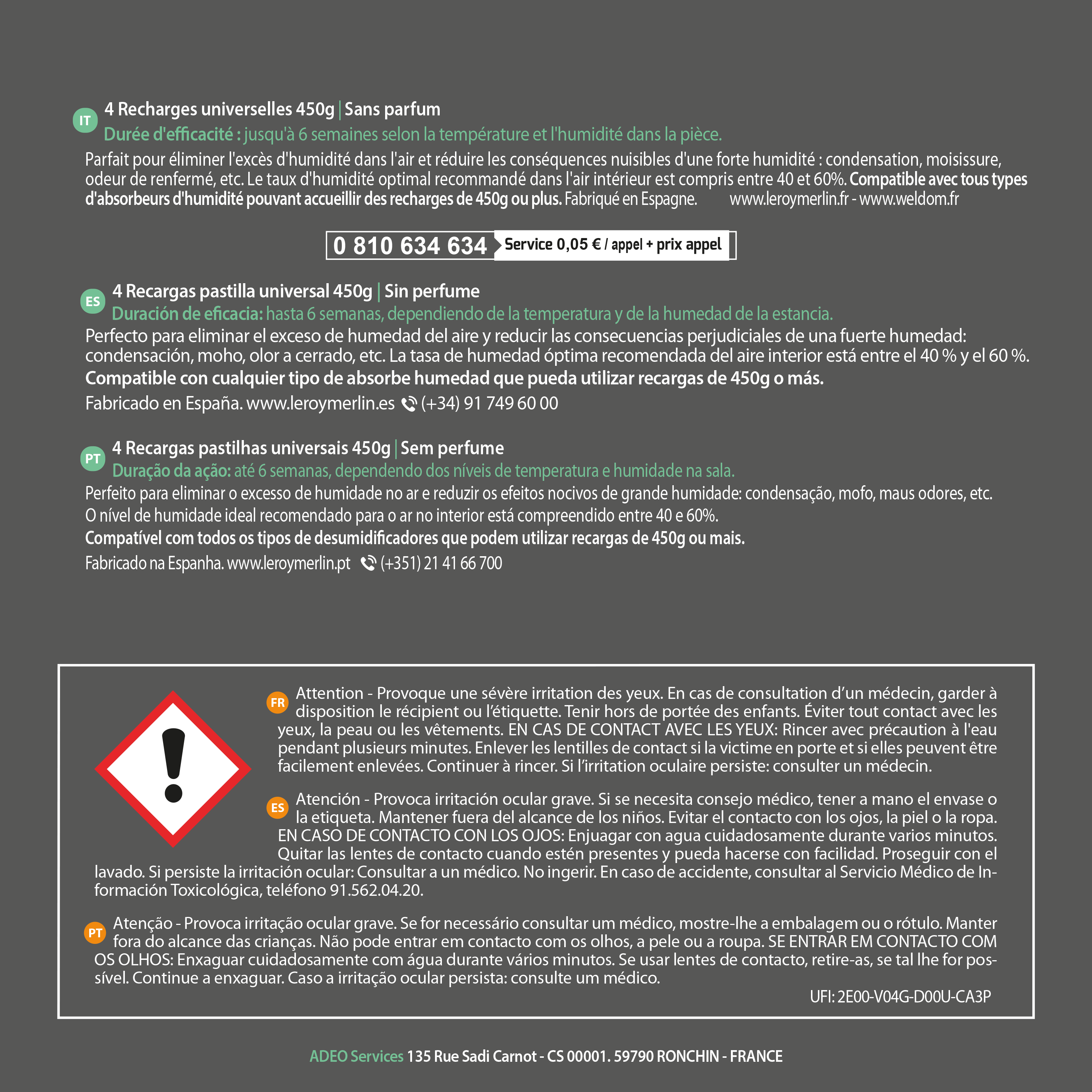Lot de 4 recharges galet pour absorbeur d'humidité EQUATION Neutre 450g 20 m² - 2