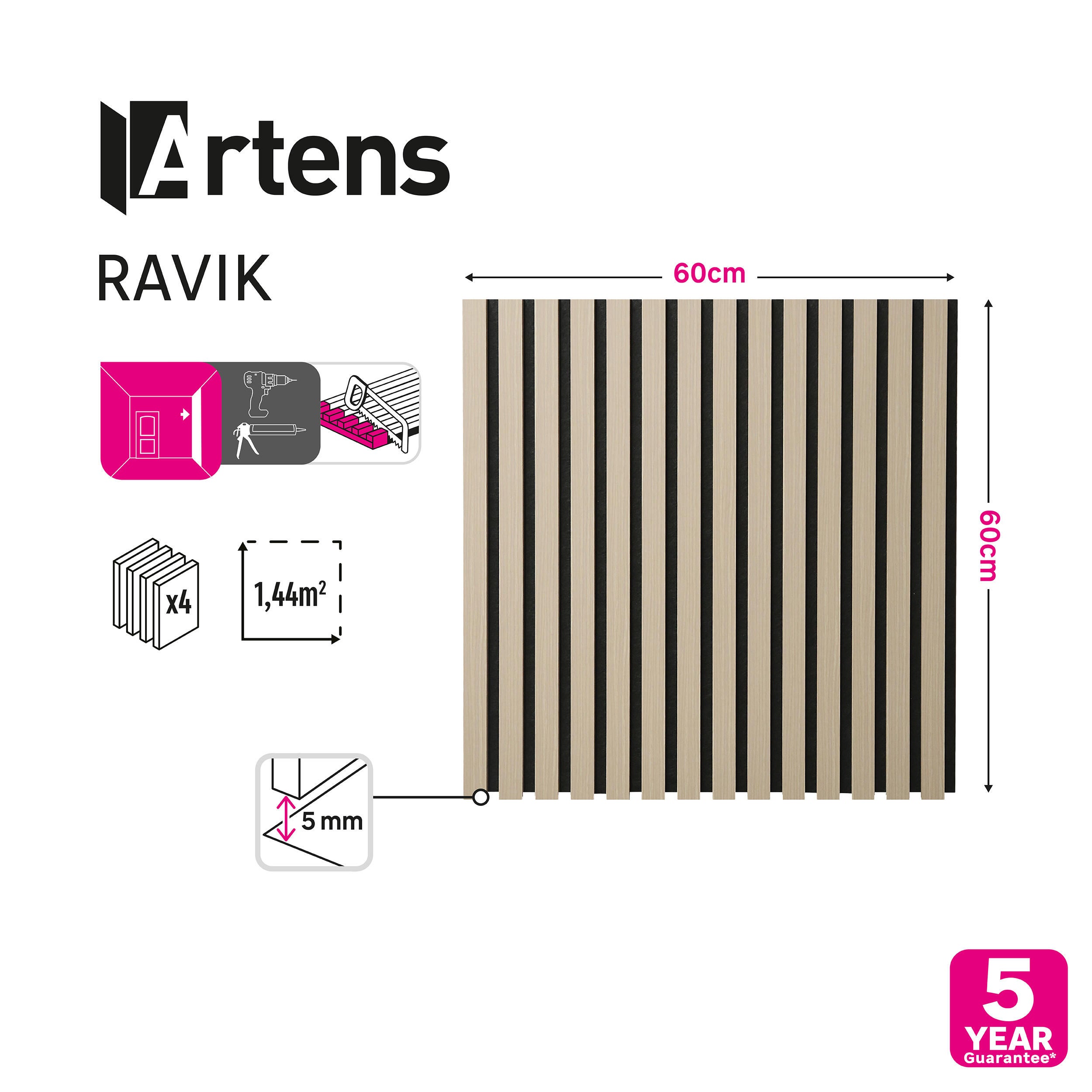 Revestimiento de pared palillería efecto 3D MDF acústico ARTENS Ravik roble claro 60x60cm - 6