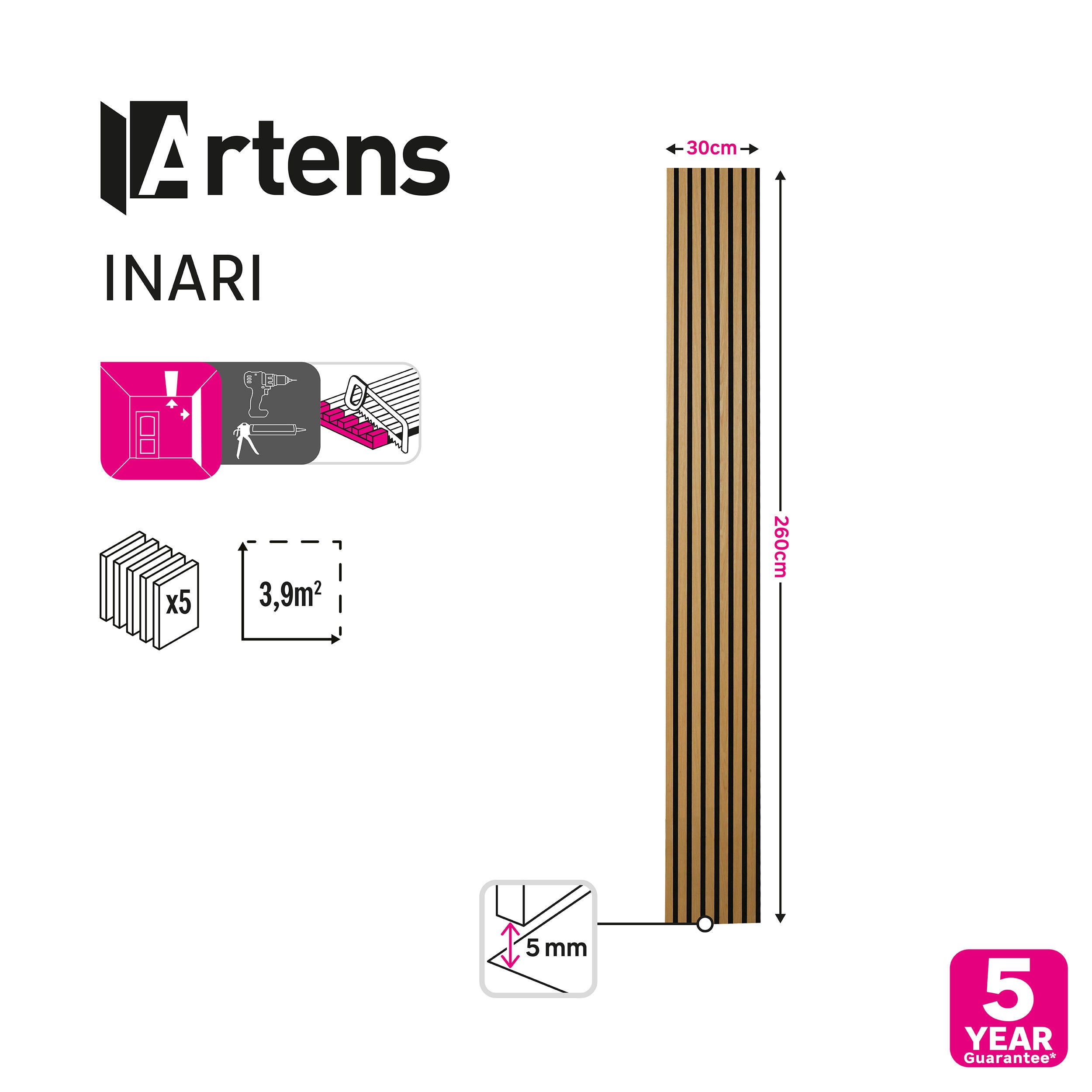 Lot 5 panneaux tasseaux décor chêne naturel, fond feutrine Inari ARTENS,260x30cm - 3