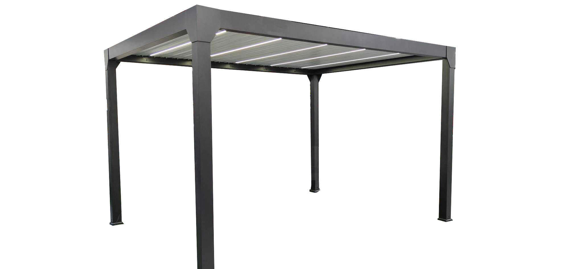 pergola bioclimatica de aluminio green outside menea gris y lama blanca de 399 x 310 x 250 cm motorizada con led