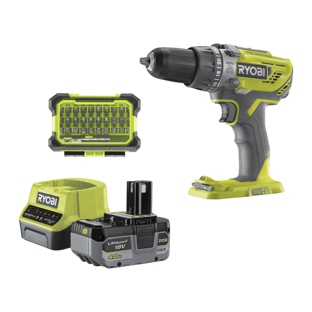Wiertarko-wkrętarka udarowa akumulatorowa 18V 50Nm 1x4Ah + zestaw akcesoriów RYOBI