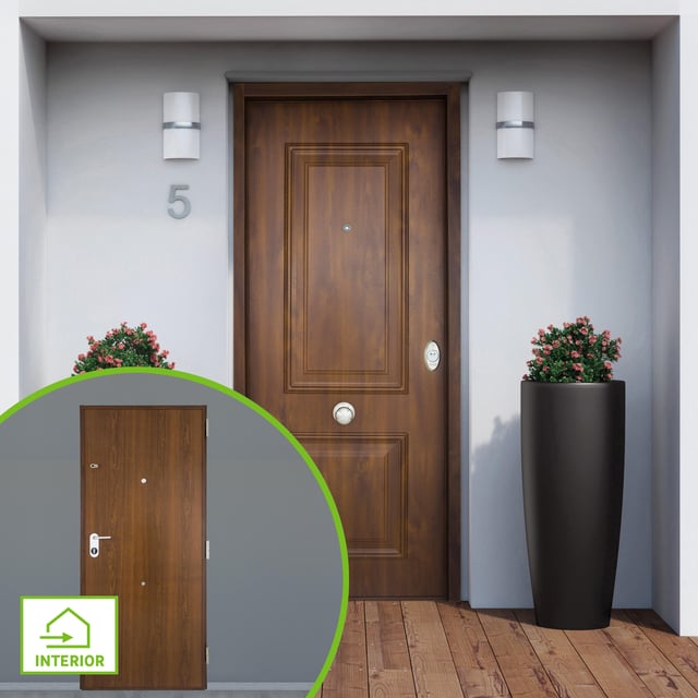 Puerta de entrada acorazada serie V dos cuadros nogal / interior liso nogal apertura izquierda 206x89cm