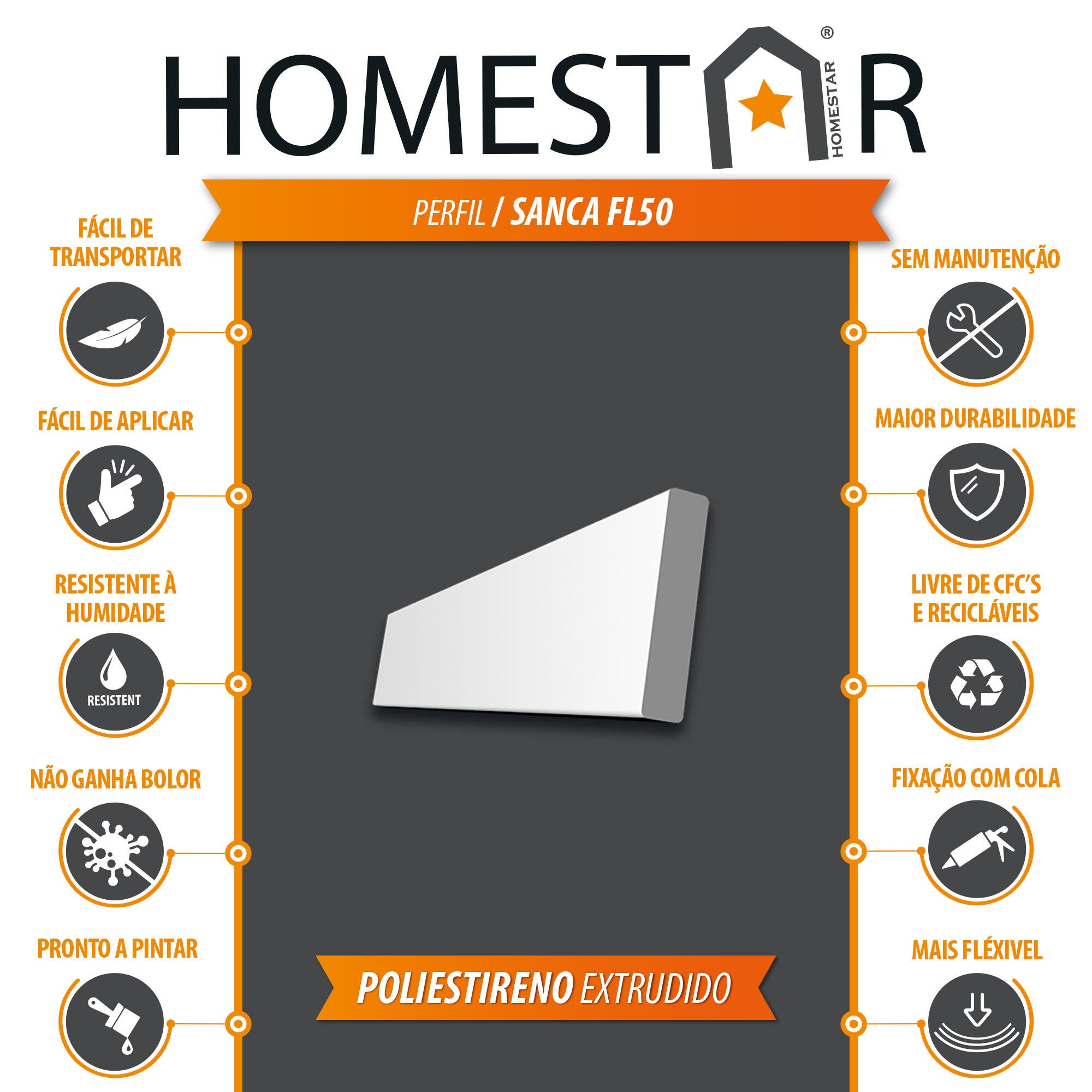 Moldura de poliestireno 10x50 mm de 2 m de largo - 15