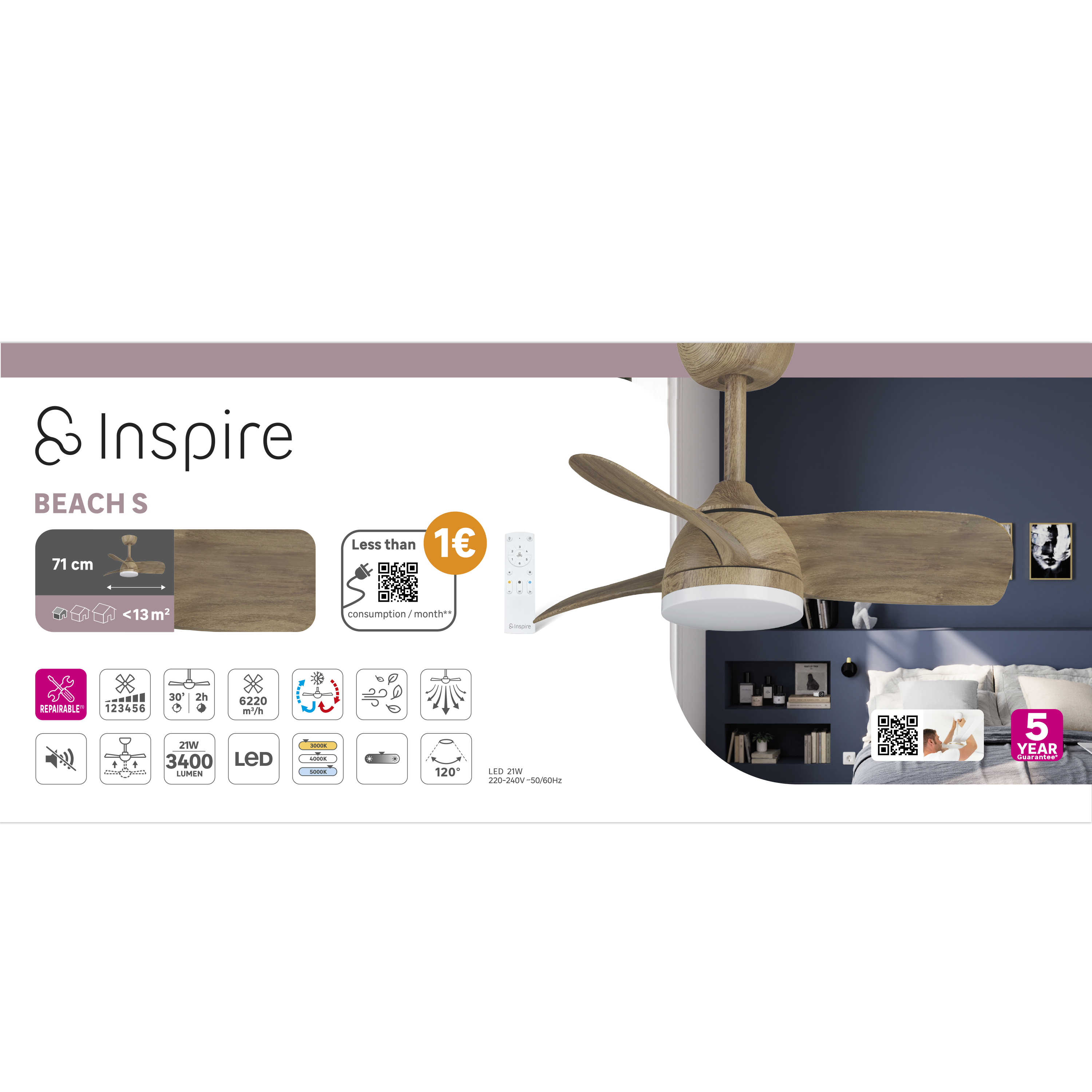 Ventilateur de plafond LED, Beach, 71 cm, INSPIRE, noyer - 10