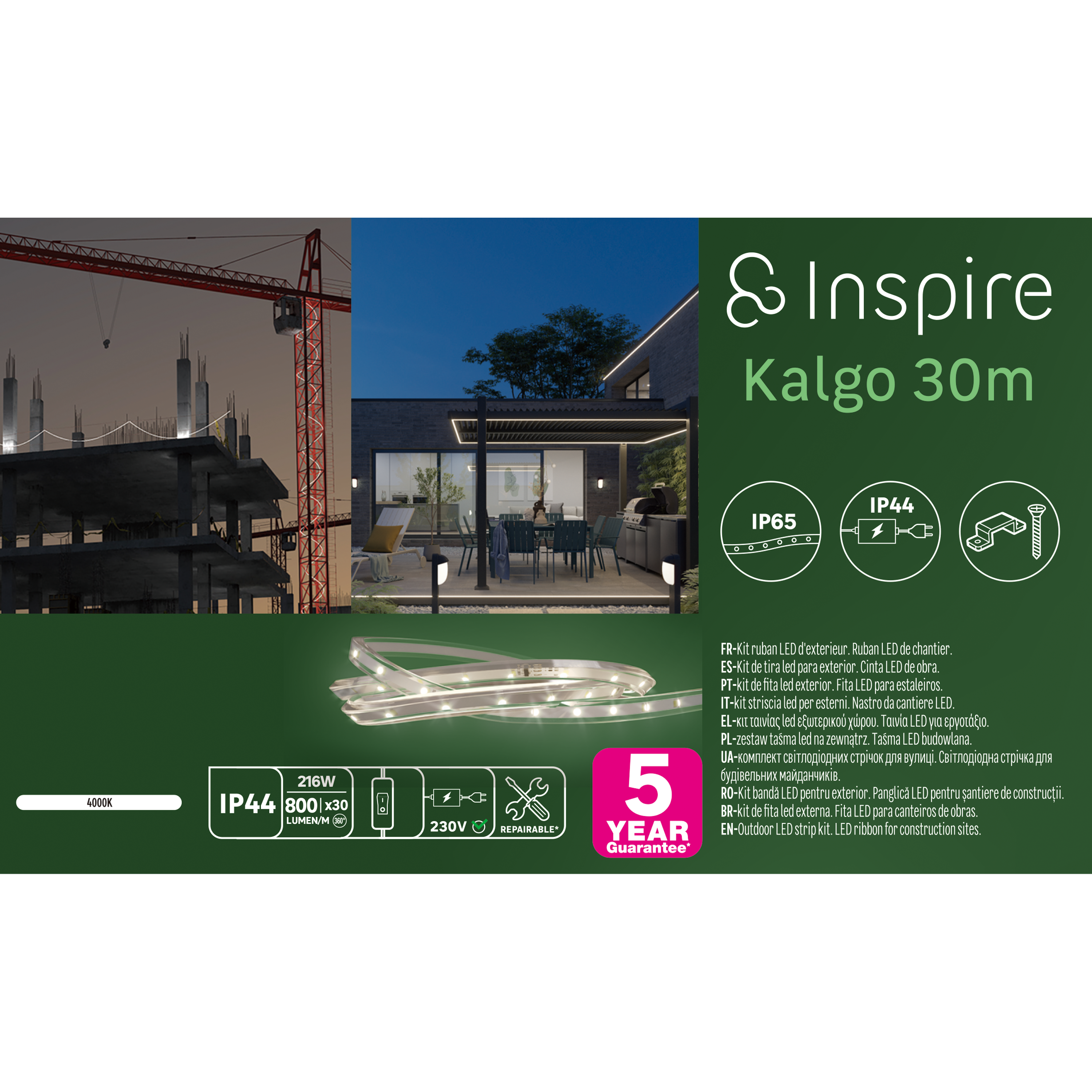 Kit ruban LED de chantier L.30m, 4000 Kelvins, 800 Lumens/m, IP44 Kalgo INSPIRE - 8