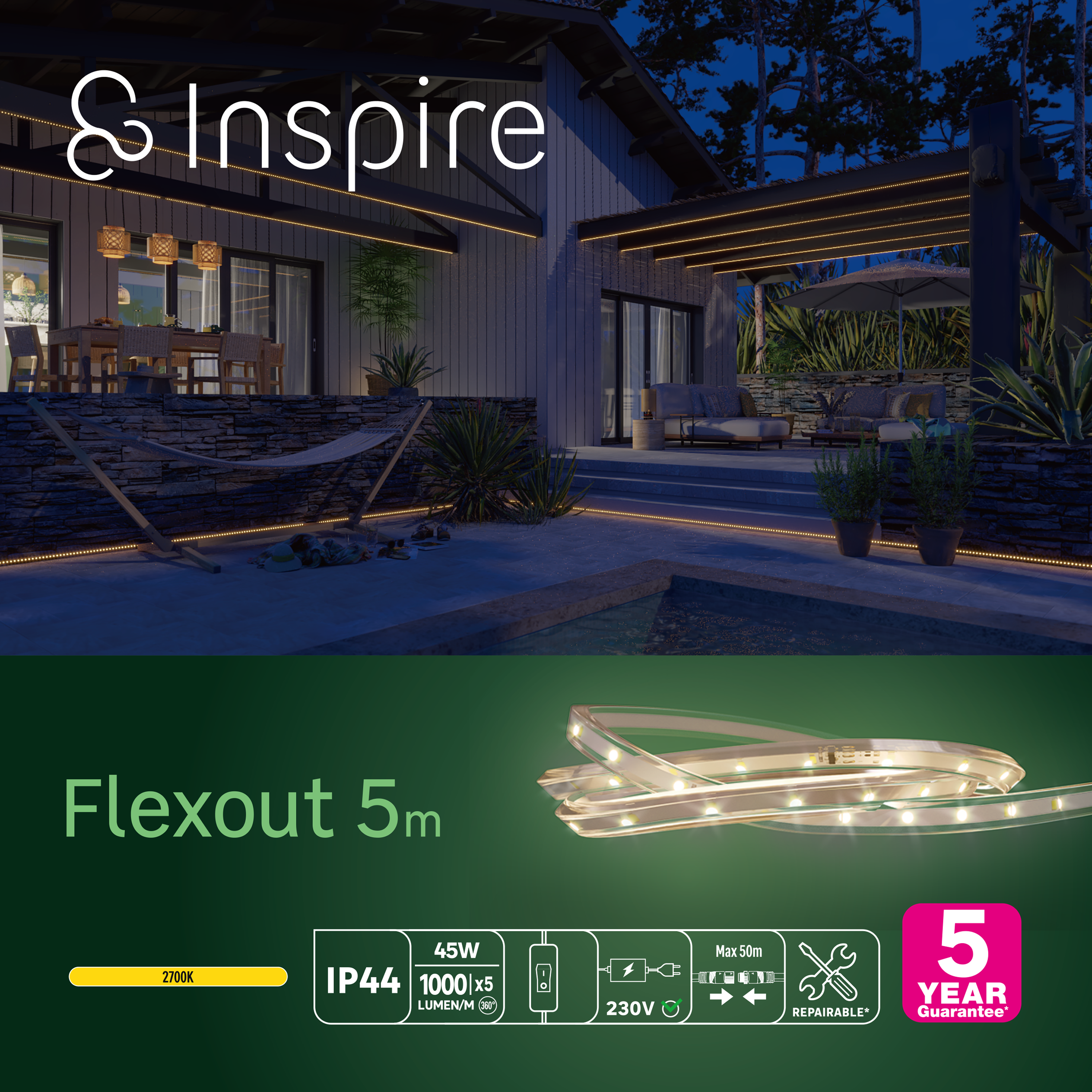 Kit tira LED 220-240V SMD 2835 INSPIRE IP44 apto para baños y zonas húmedas 5000 lm luz blanco neutro 2700K 5 metros - 4
