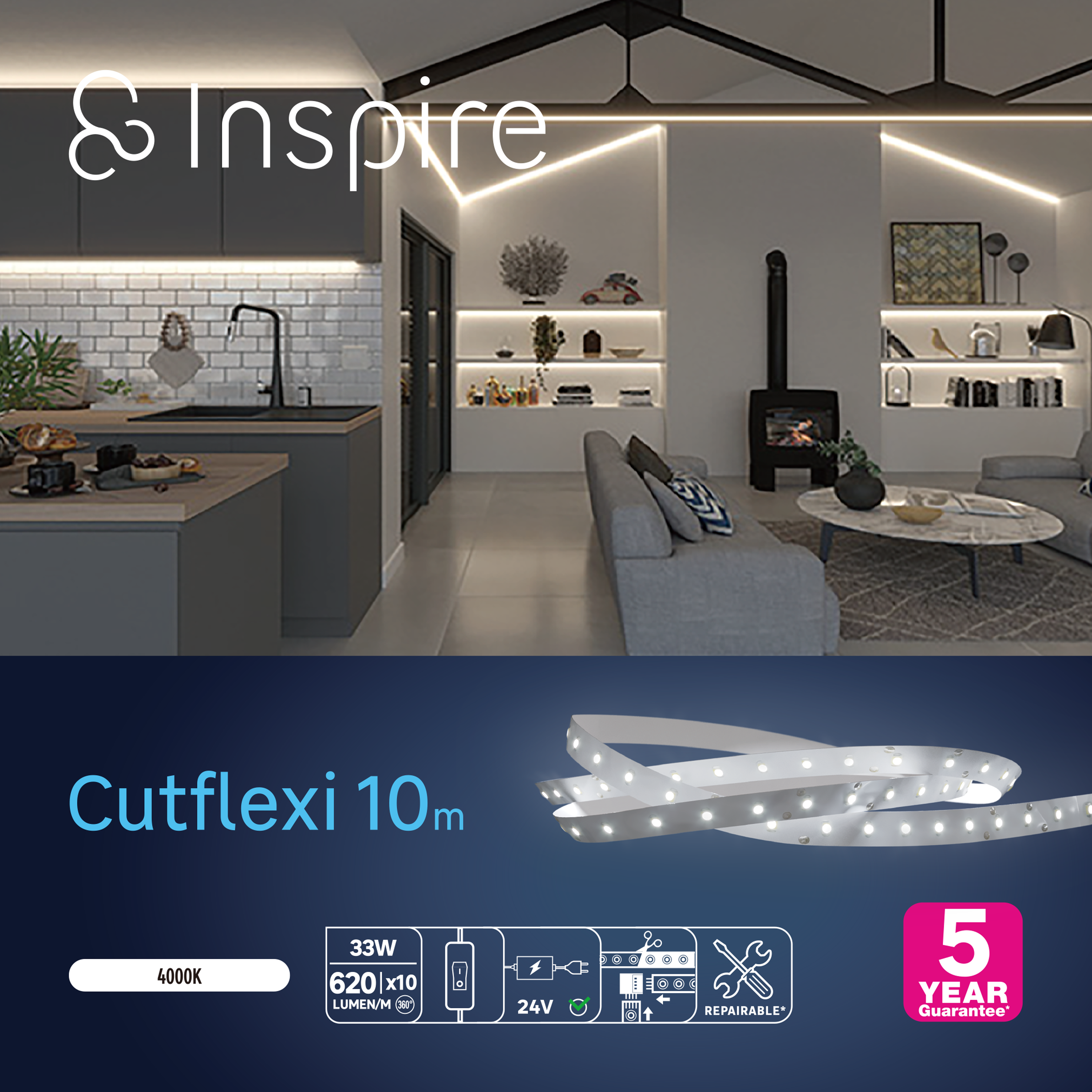 Kit ruban LED L.10m, blanc neutre 4000 Kelvins, 620 Lumens/m, Cutflexi INSPIRE - 8