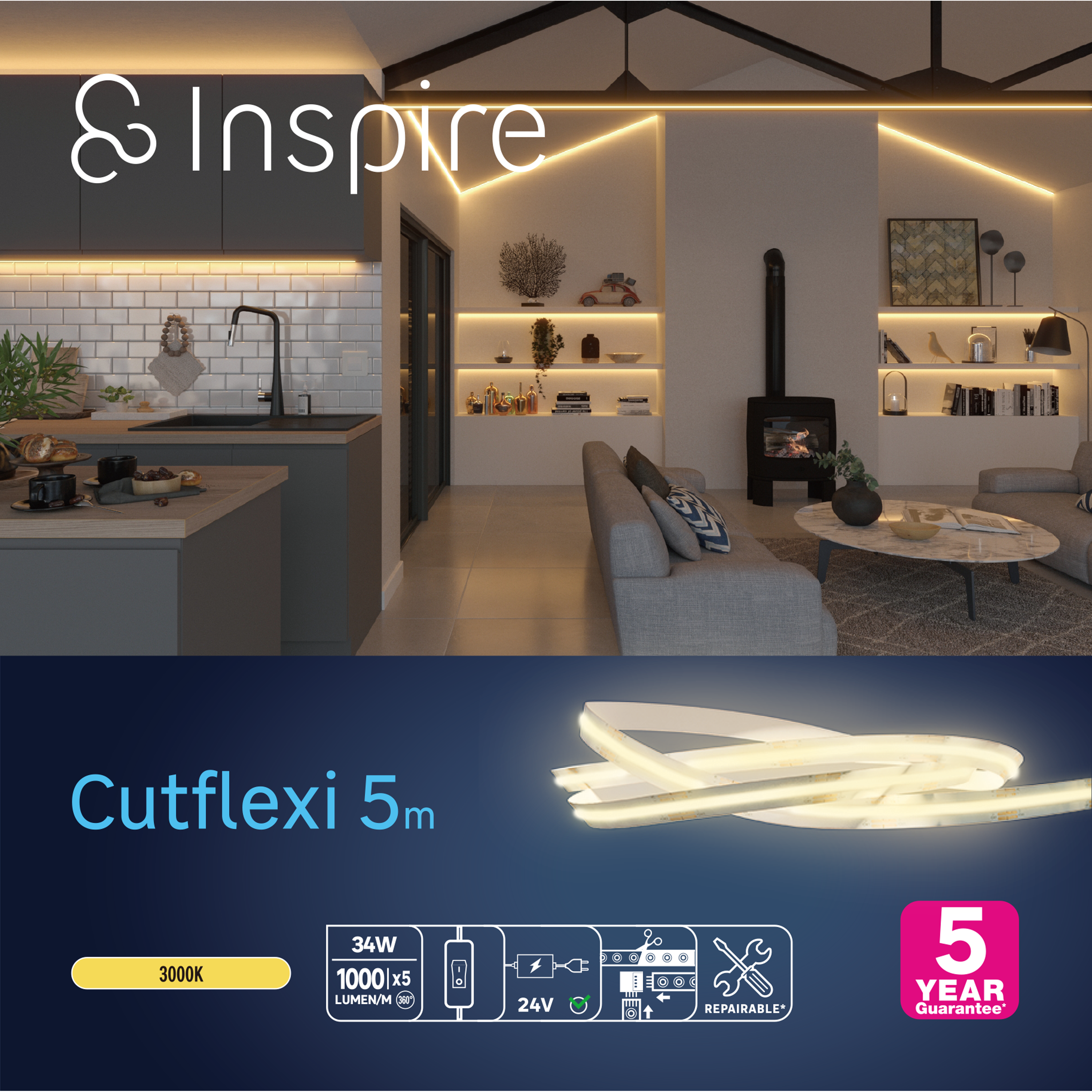 Kit striscia led Cutflexi COB Technology 3000K 5m luce bianco caldo INSPIRE - 3