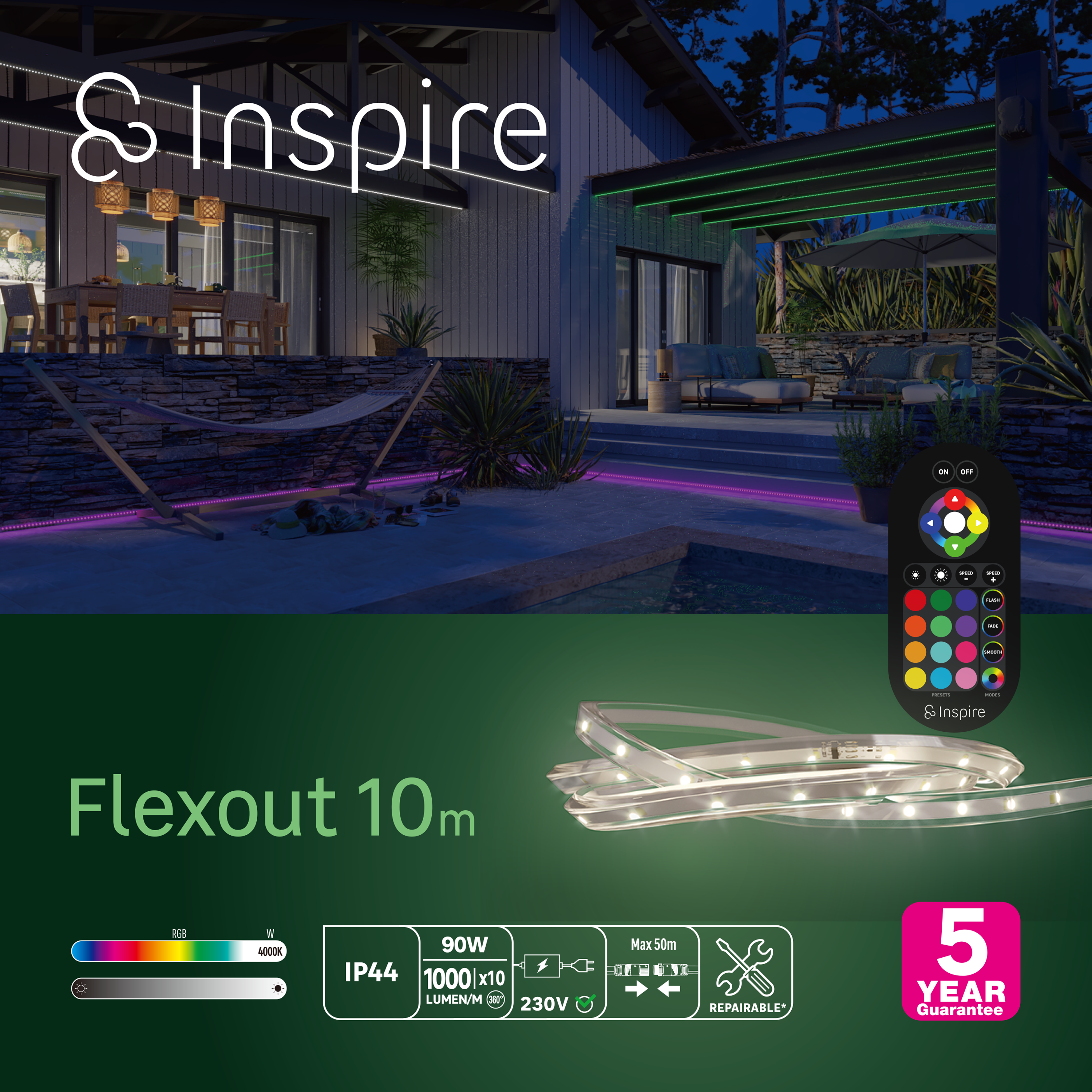 Kit ruban LED extérieur L.10m changements de couleurs/blanc IP44 Flexout INSPIRE - 7