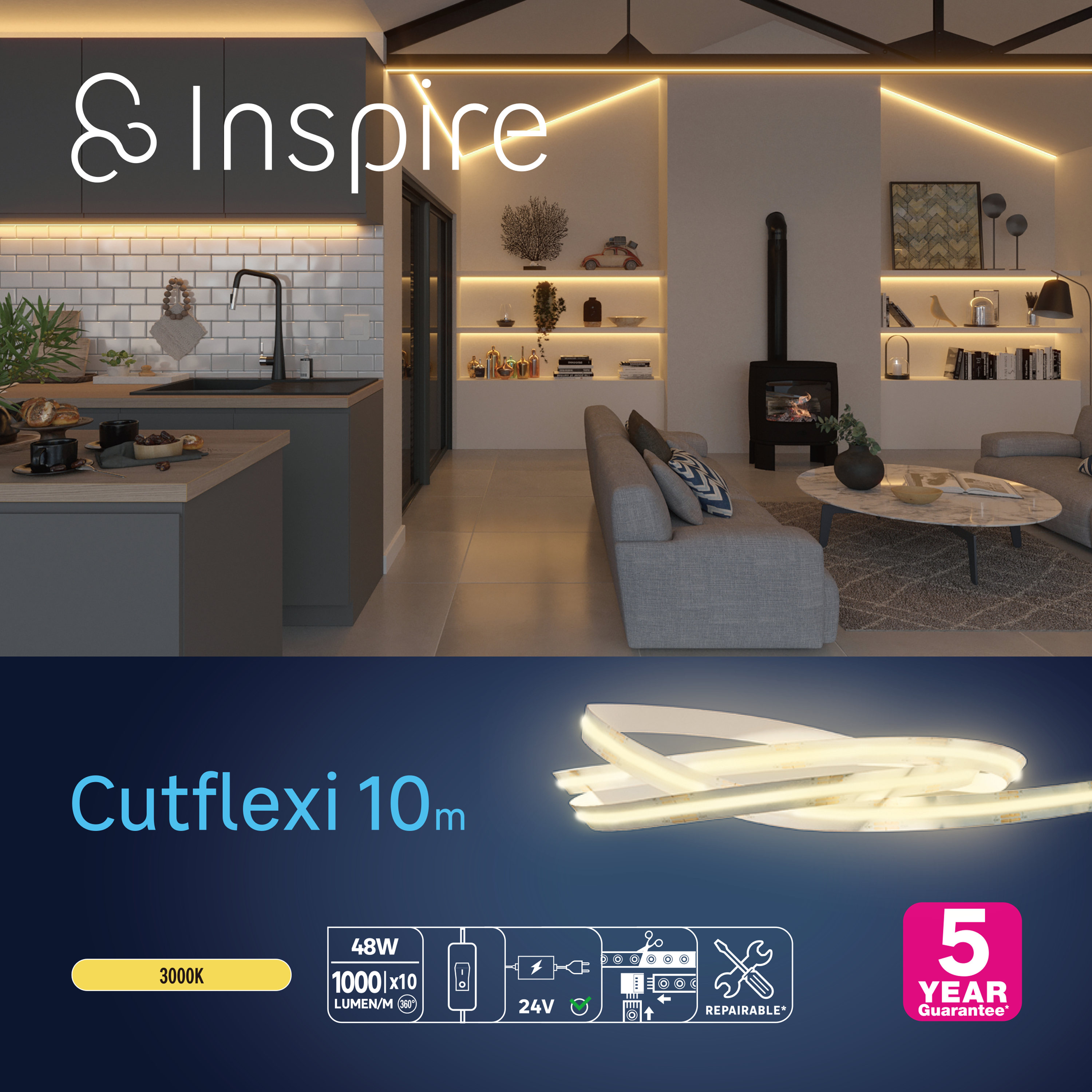 Kit striscia led Cutflexi COB Technology 3000K 10m luce bianco caldo INSPIRE - 3