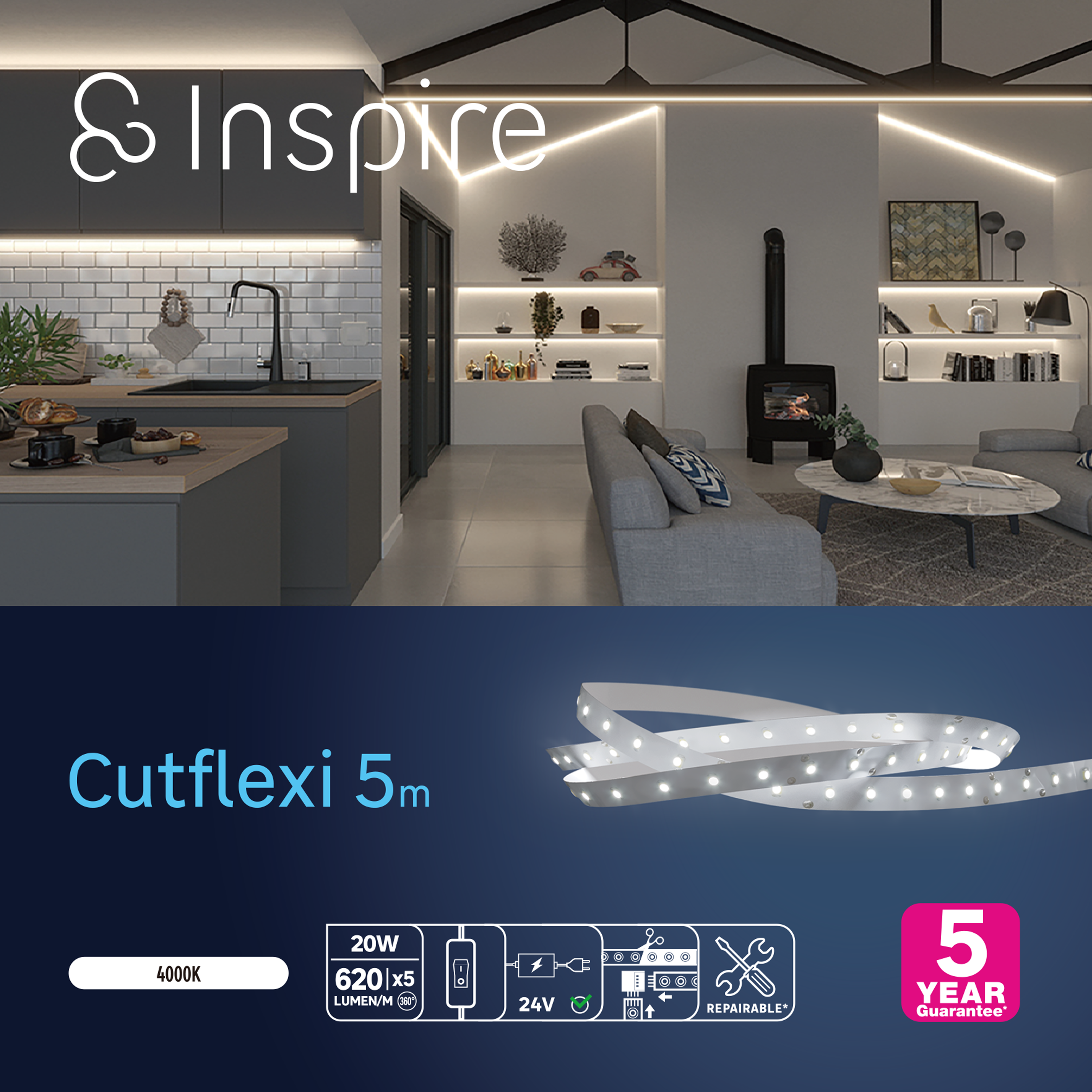 Kit ruban LED L.5m, blanc neutre 4000 Kelvins, 620 Lumens/m, Cutflexi INSPIRE - 8