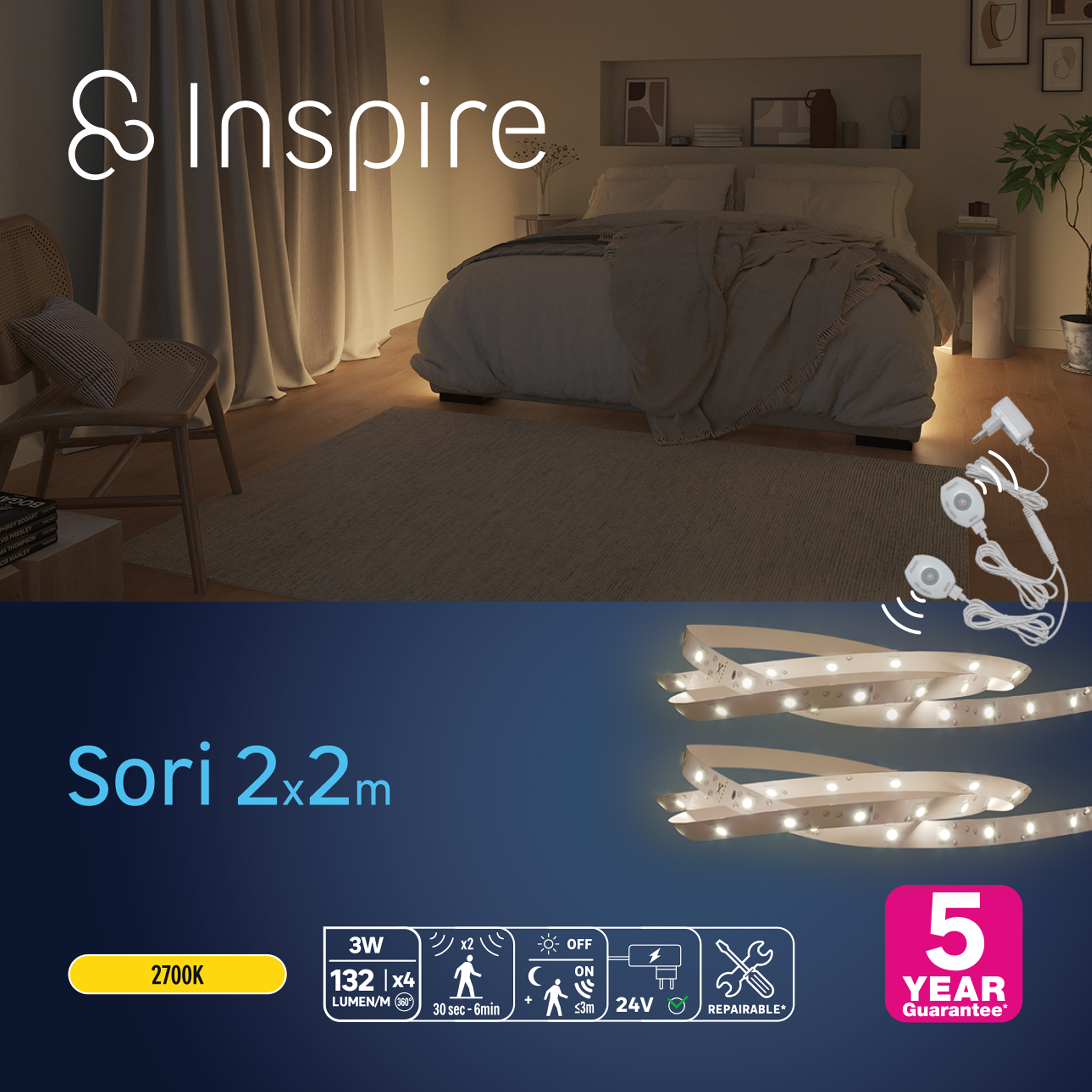 Kit ruban Led dessous de lit 2x2m à détection de mouvement, Sori INSPIRE - 4
