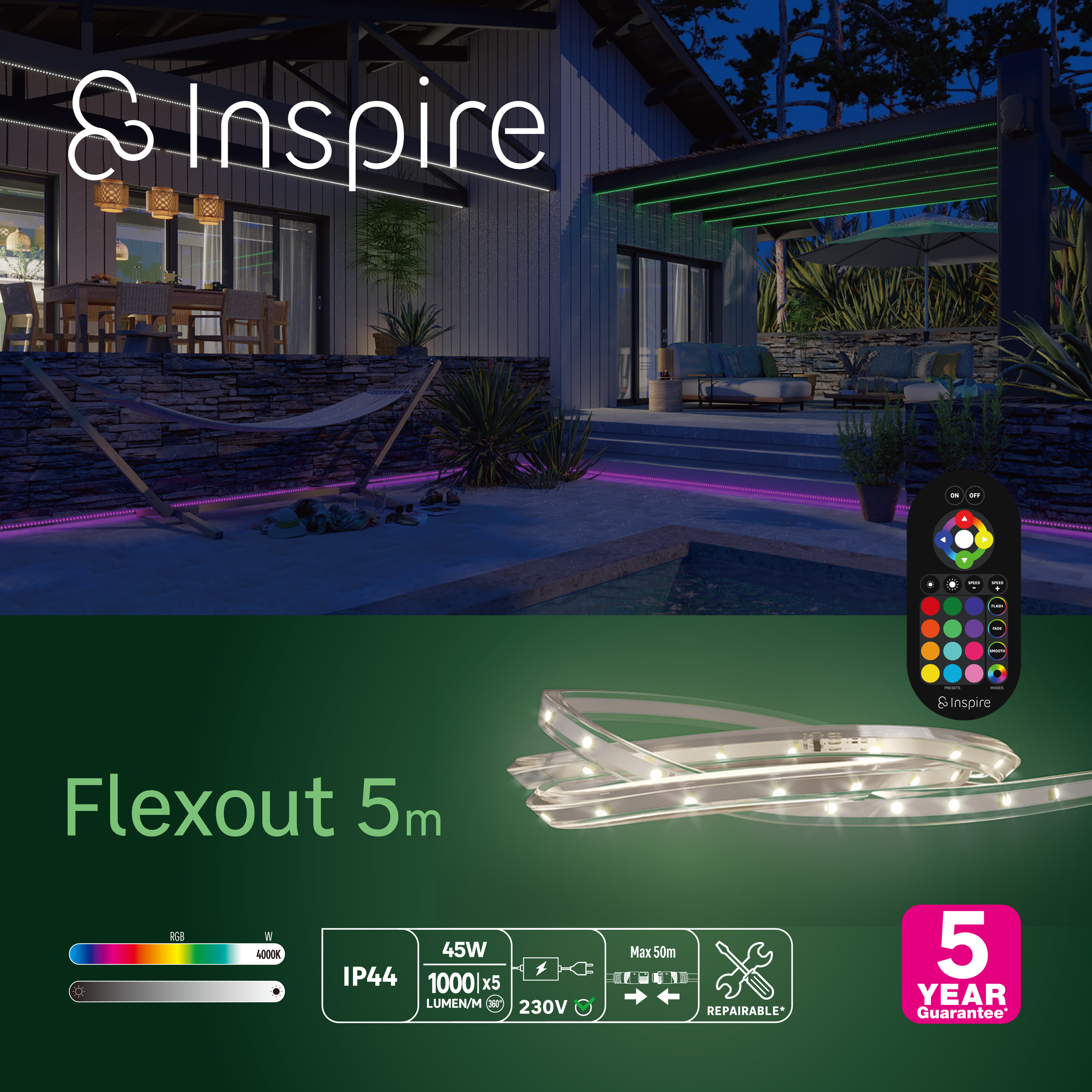 Kit tira LED 220-240V SMD 2835 INSPIRE IP44 apto para baños y zonas húmedas 5000 lm luz RGB 4000K 5 metros - 4