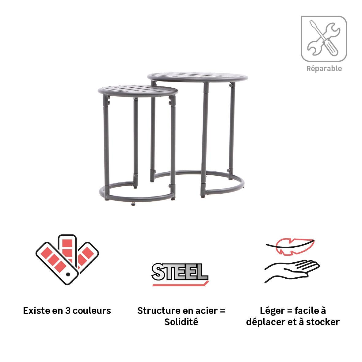 Tables de jardin gigognes CAFE en métal coloris gris anthracite - NATERIAL - 12