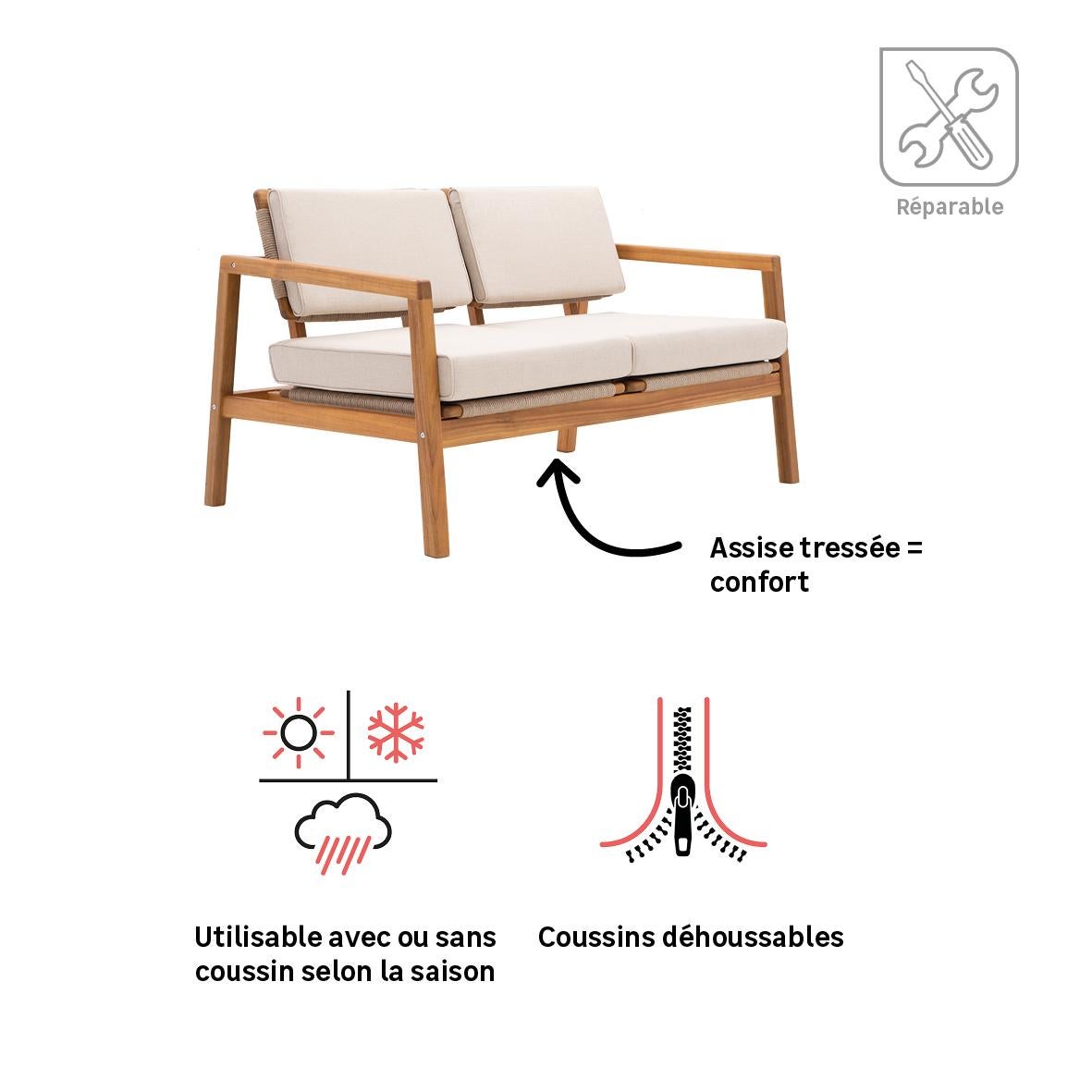 Canapé 2 personnes en acacia et corde tressée Oasis NATERIAL - 4