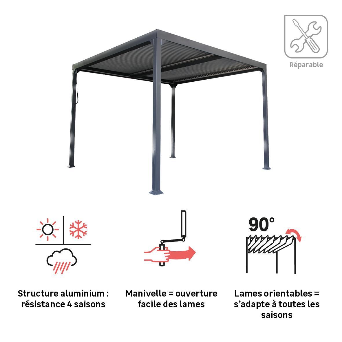 Pergola bioclimatique autoportante First II aluminium gris anthracite, 9m² - 13