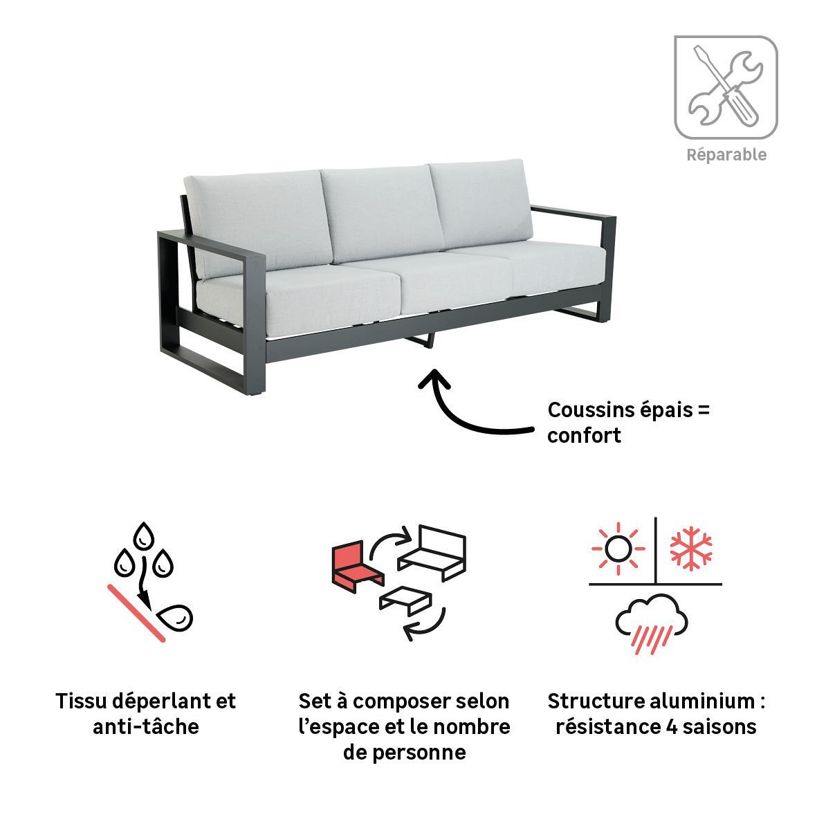 Canapé 3 personnes en aluminium gris Athena NATERIAL - 3