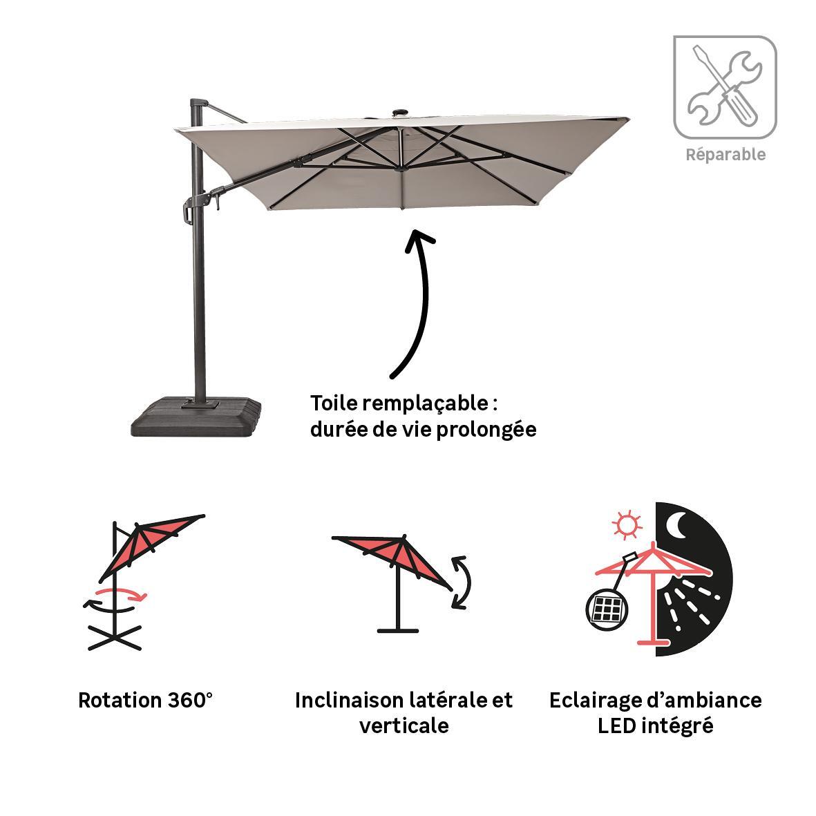 Parasol déporté rectangulaire taupe Sonora II NATERIAL L.390 x l.280 cm - 2