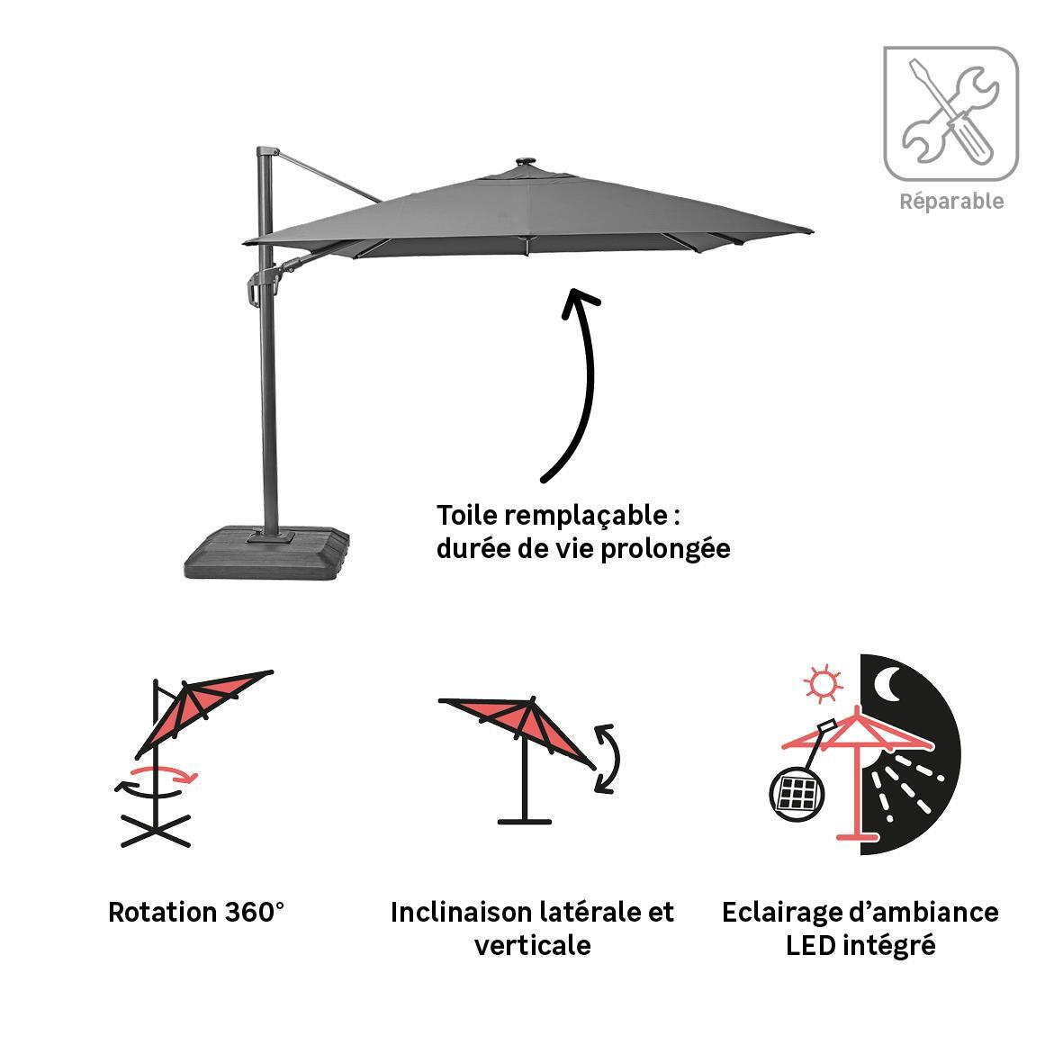 Parasol déporté rectangulaire gris Sonora NATERIAL L.391 x l.282 cm - 2