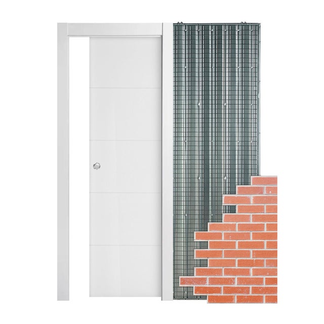 Pack puerta de interior corredera ciega maciza lacada Line Lucerna blanco anchura 82,5cm + casoneto con molduras de remate