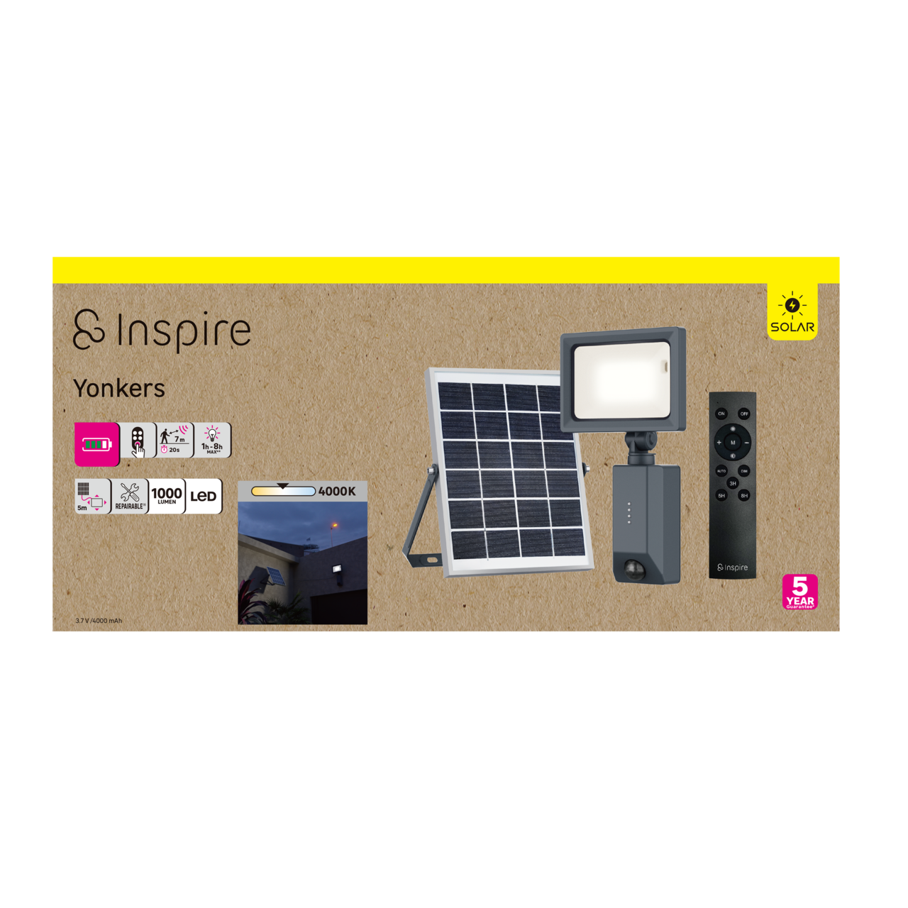 Projecteur extérieur solaire Yonkers,1000 Lumen, blanc neutre, noir INSPIRE - 5