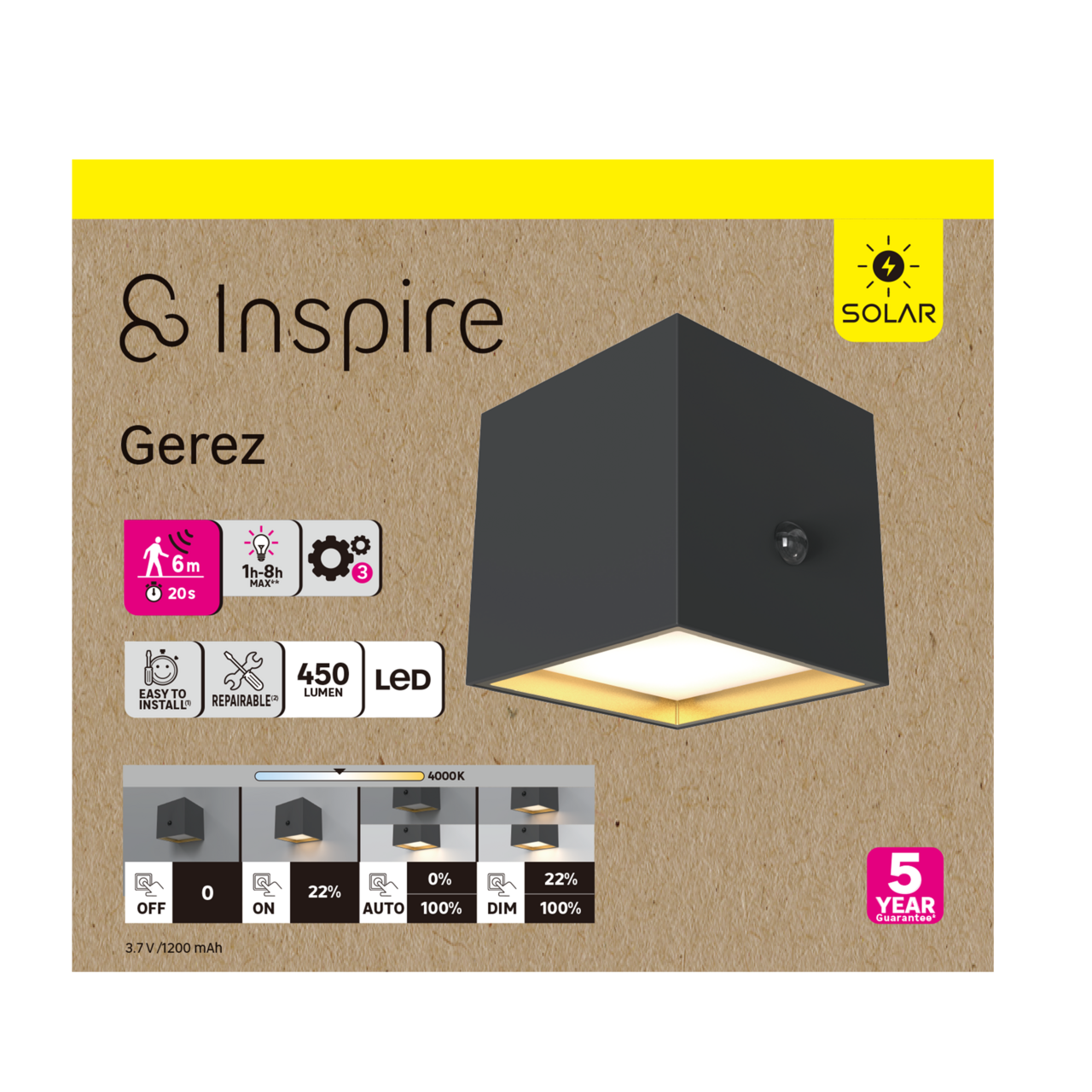 Candeeiro de parede solar Gerez 450 lm 4000k ip54 preto Inspire - 7