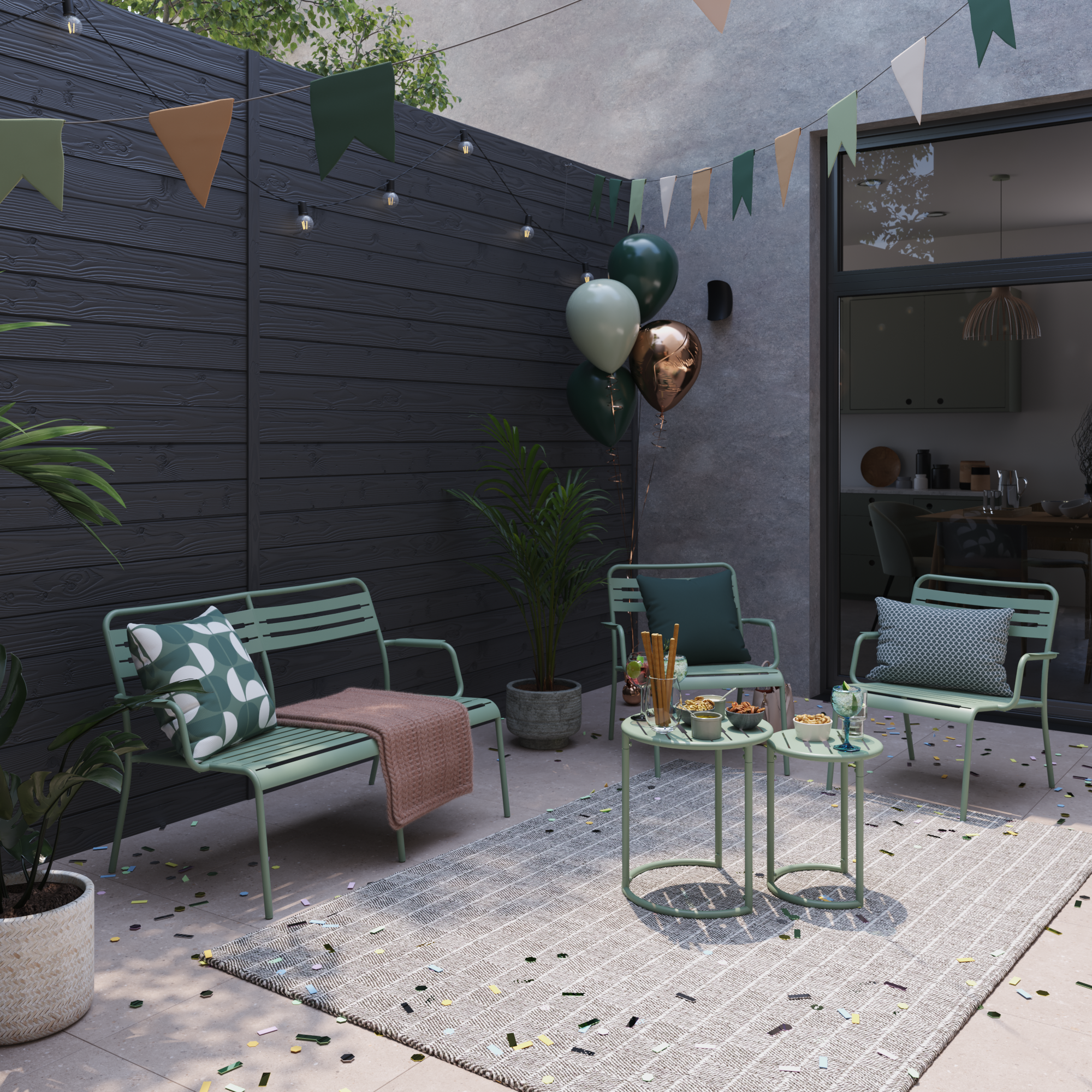 Sedia da giardino con braccioli Cafe, struttura e seduta in acciaio verde - 5