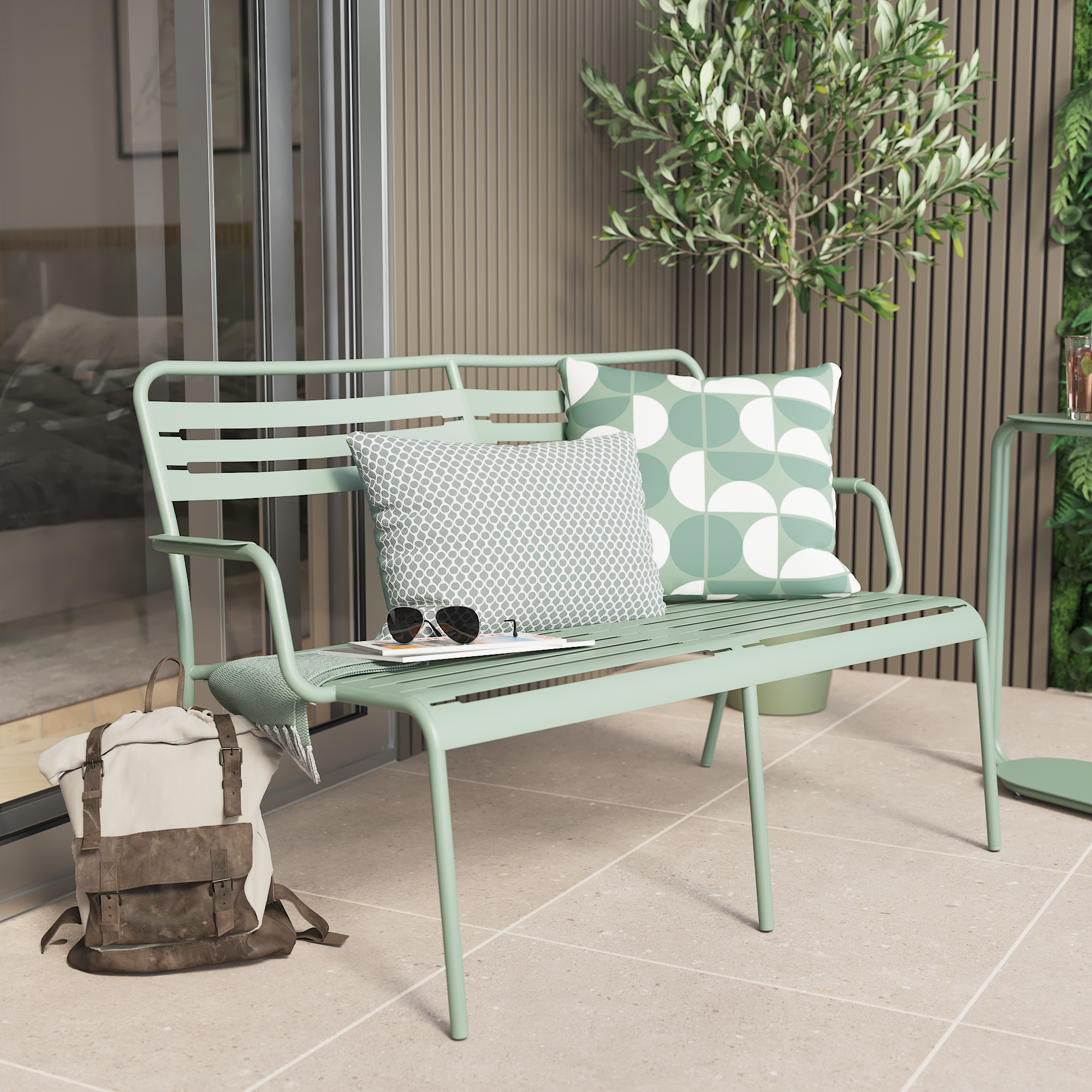 Divano da giardino in acciaio verde con braccioli Cafe, 2 posti - 2