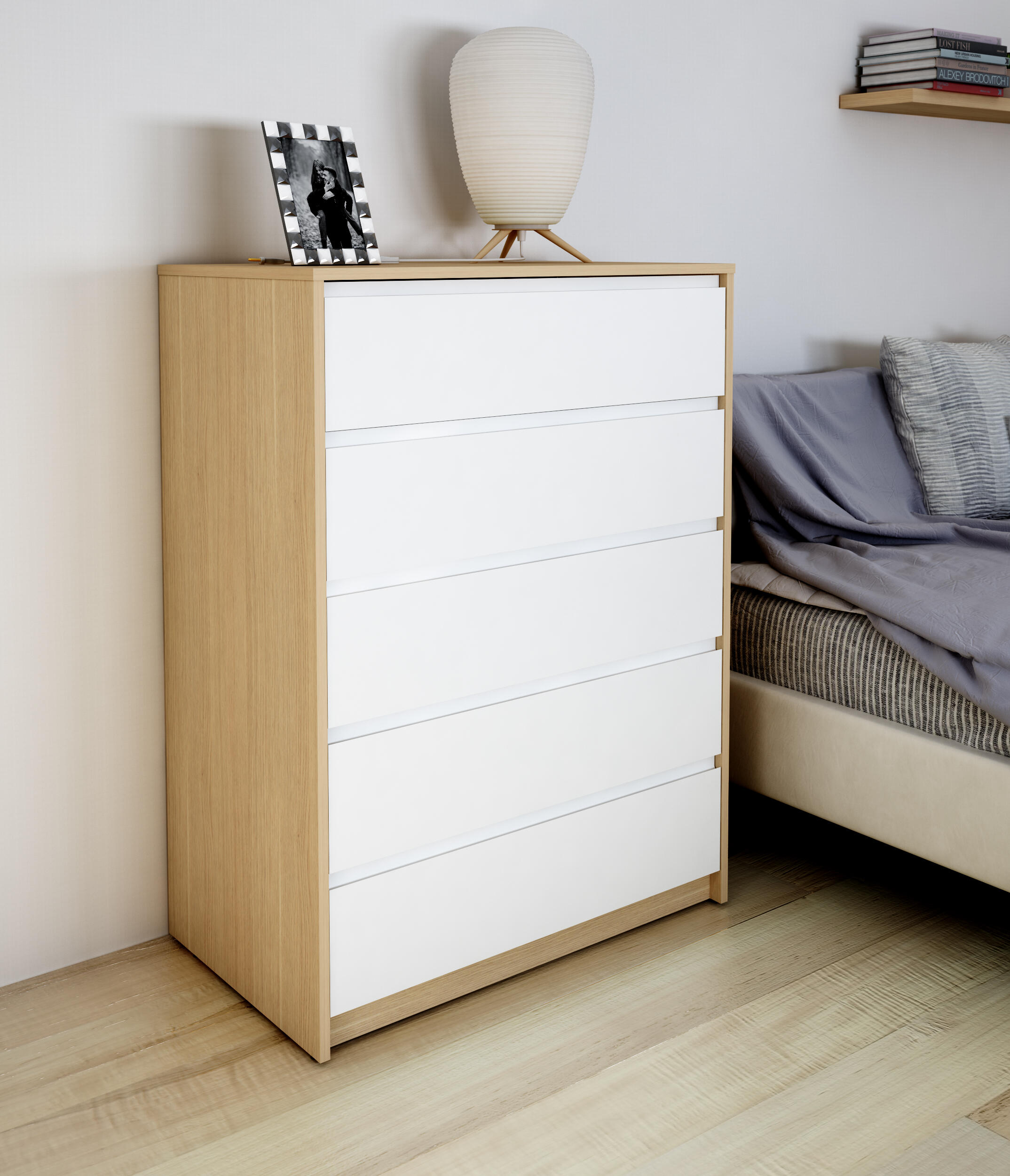 Cómoda Home Tera blanca y roble con 5 cajones de 80x109x48 cm - 5