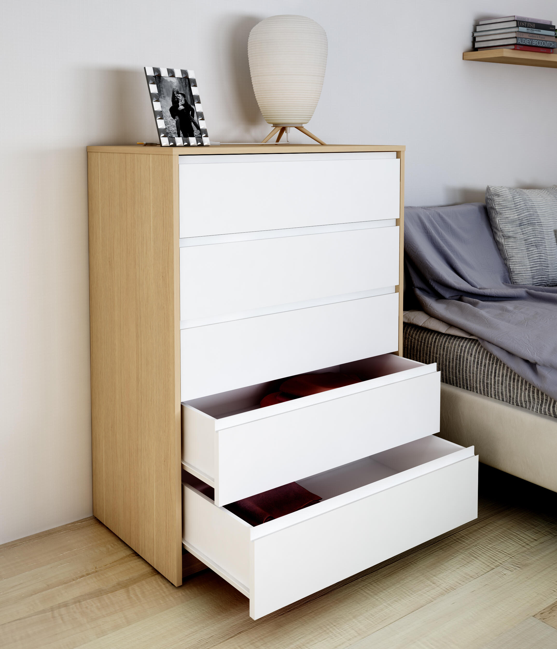 Cómoda Home Tera blanca y roble con 5 cajones de 80x109x48 cm - 3