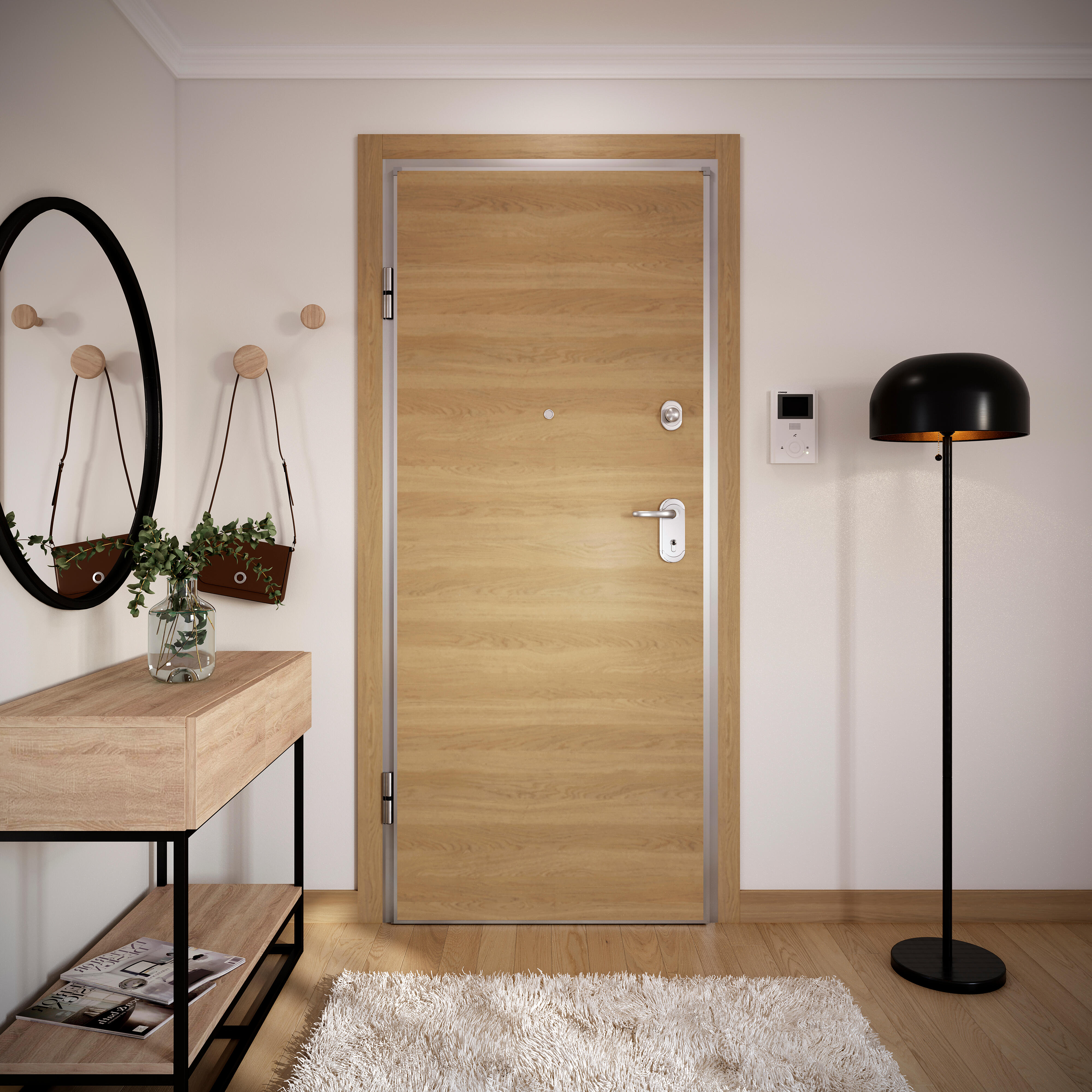 Puerta de entrada acorazada serie omega liso roble / interior oslo roble miel liso roble claro apertura derecha 204x84cm