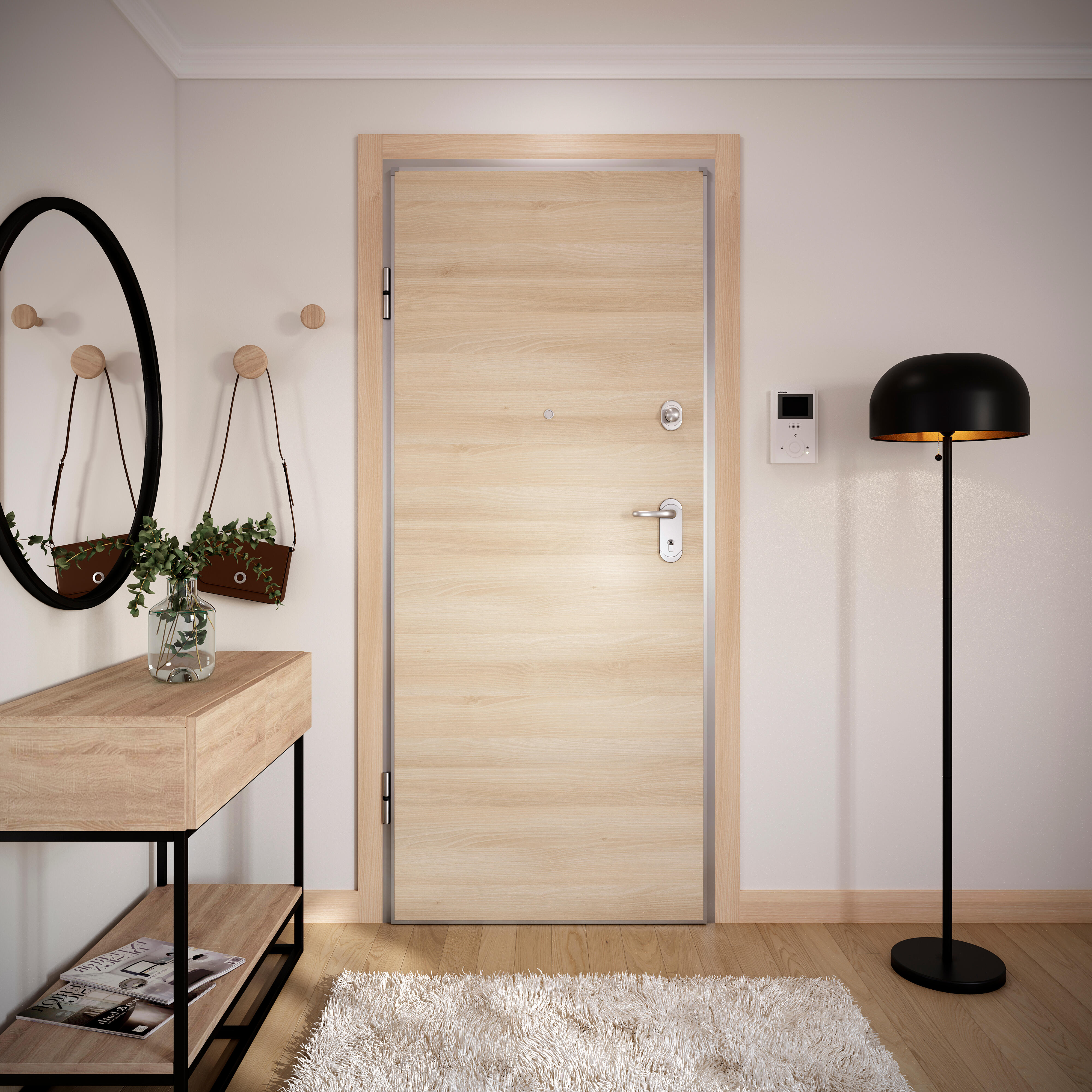 Puerta de entrada acorazada serie omega provenzal sapelly / interior oslo acacia liso acacia apertura izquierda 204x84cm