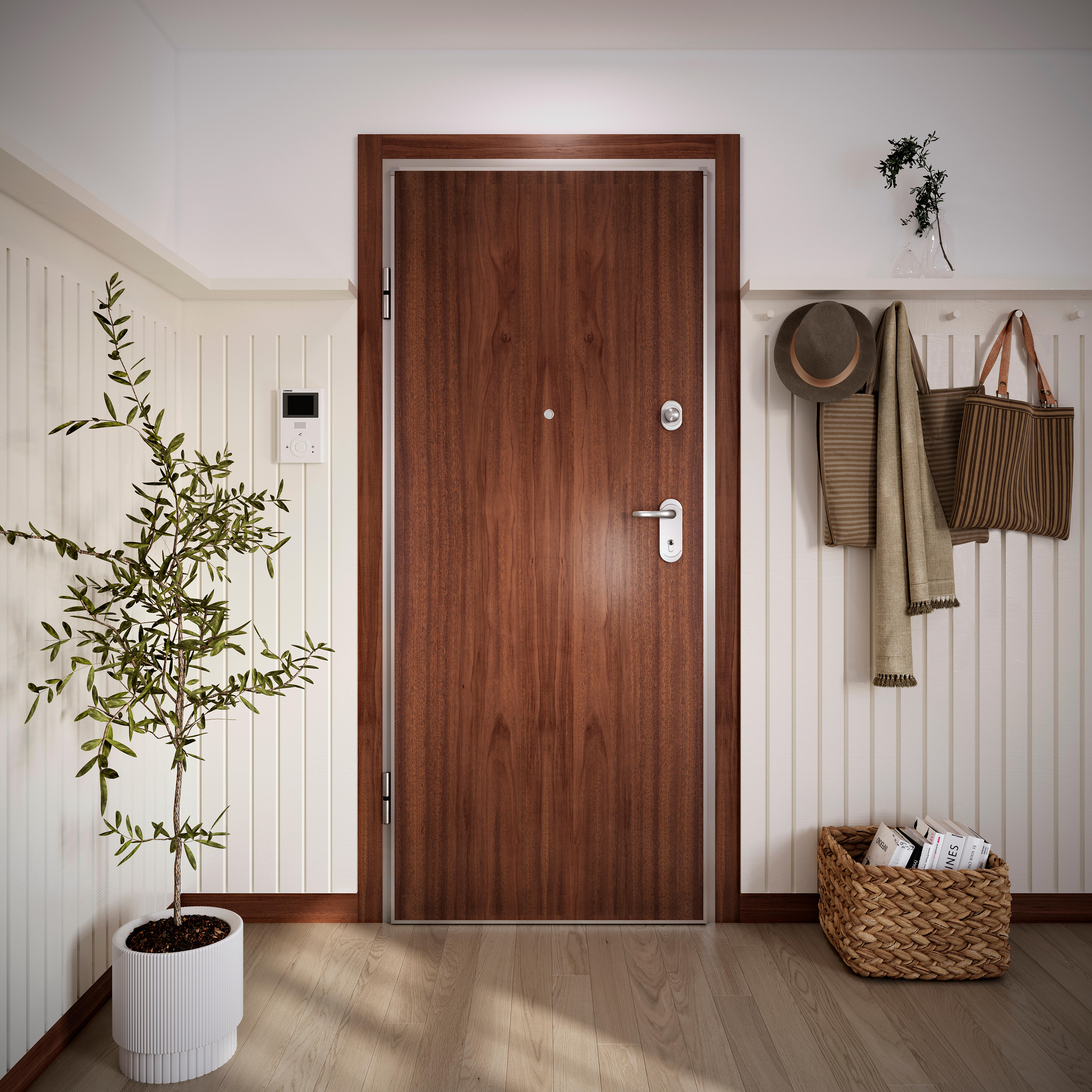 Puerta de entrada acorazada serie omega provenzal sapelly / interior liso sapelly apertura izquierda 204x84cm